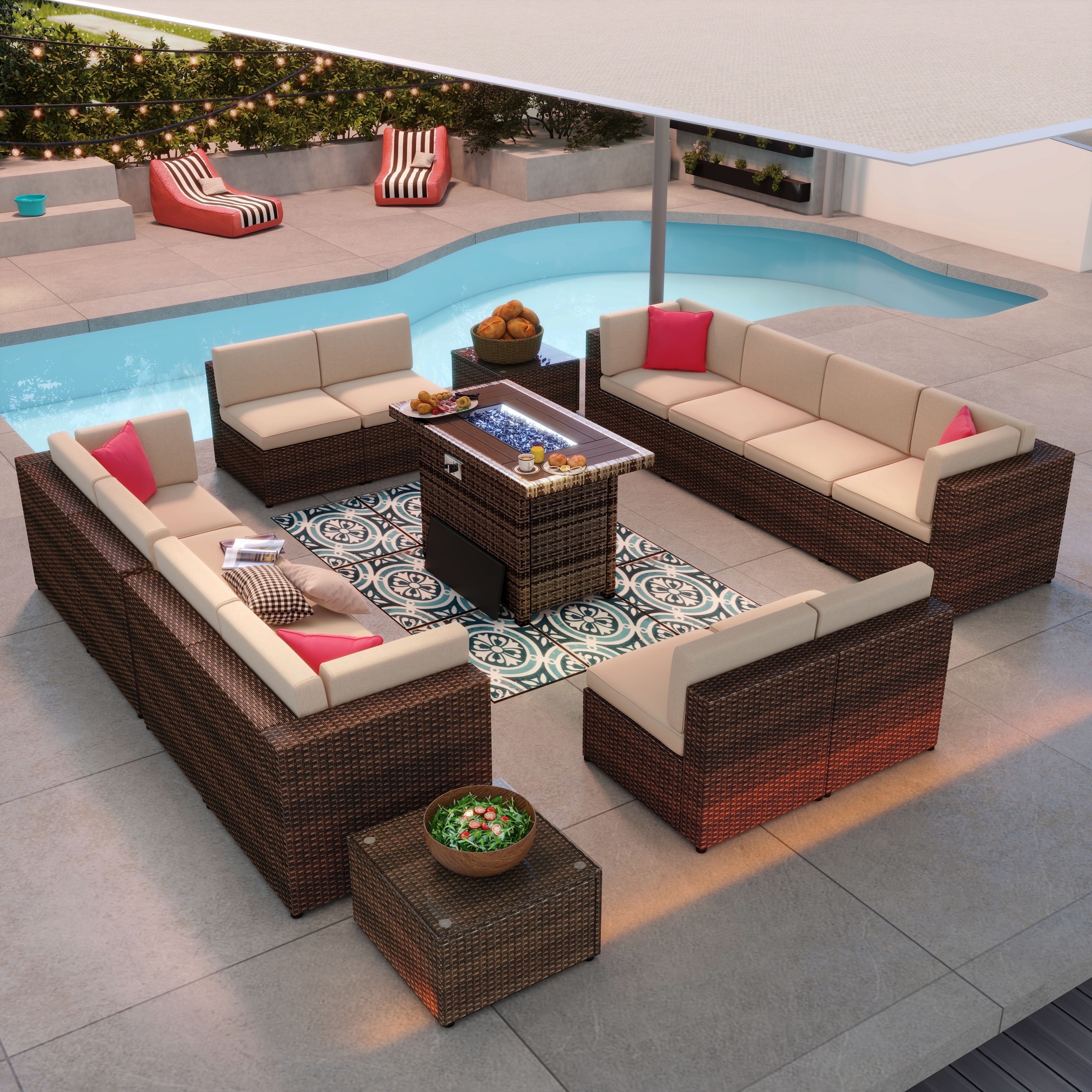 15 Pcs Patio Furniture Sets with 50000 BTU Fire Pit Table, Patio Sectional for Garden, Brown