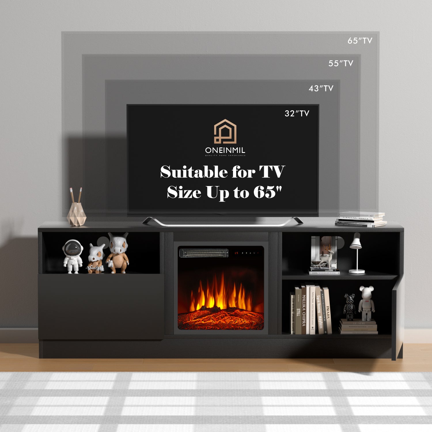 65" Fireplace TV Stand for TVs up to 75", TV Stand with Electric Fireplace, Console Entertainment Center, Black