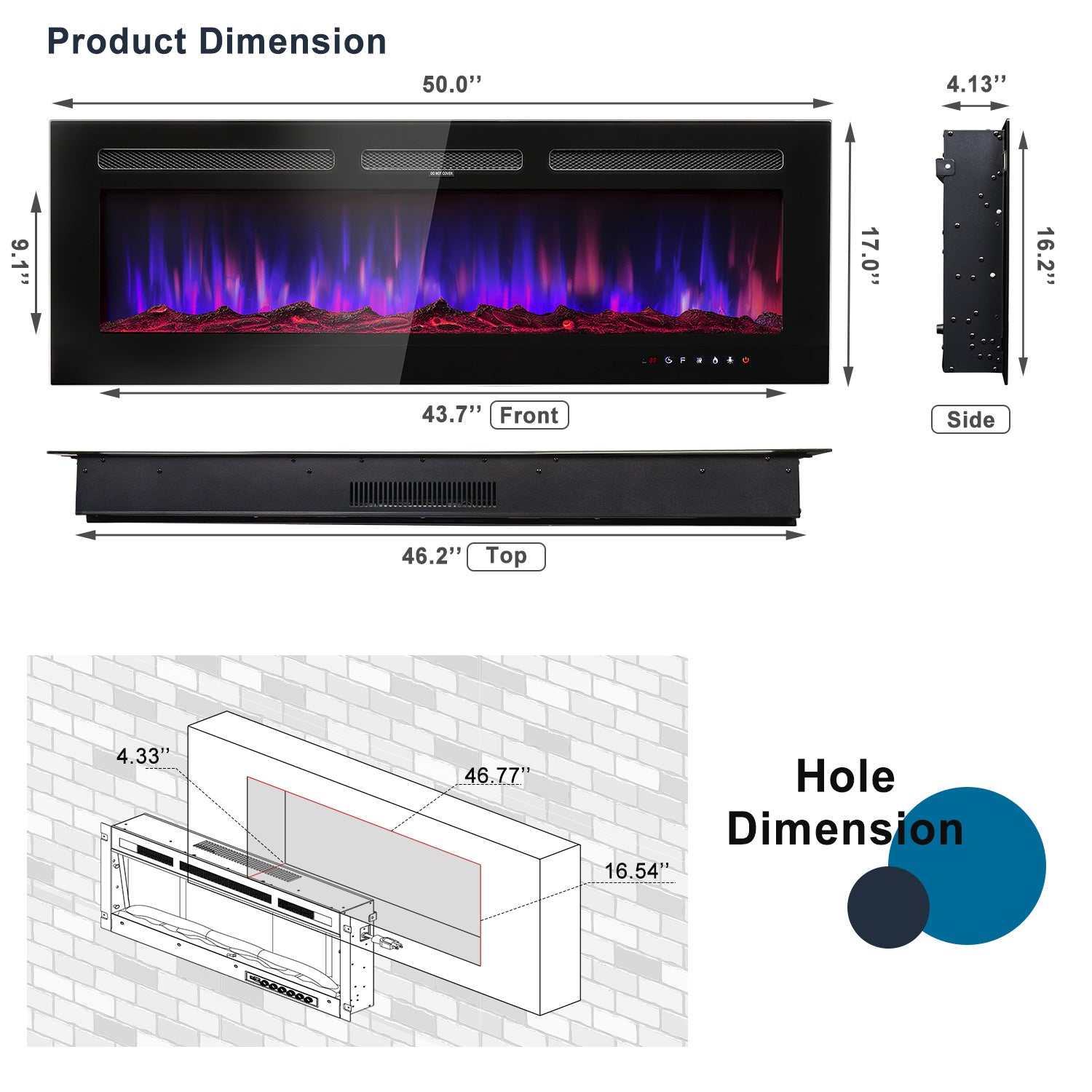 50 inch Electric Fireplace, Recessed Wall Mounted Electric Fireplace inserts,Ultra Thin, 750W/1500W, 12 Color Flame, Remote Control, Log Set & Crystal