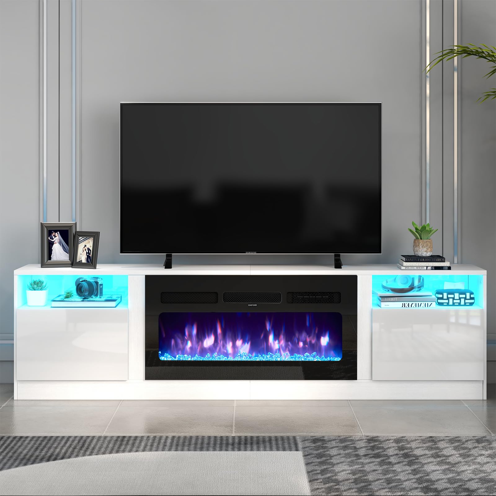 Fireplace TV Stand for TVs up to 90", 80" TV Stand with 36" Electric Fireplace, With 12 Color LED Lights Entertainment Center, White