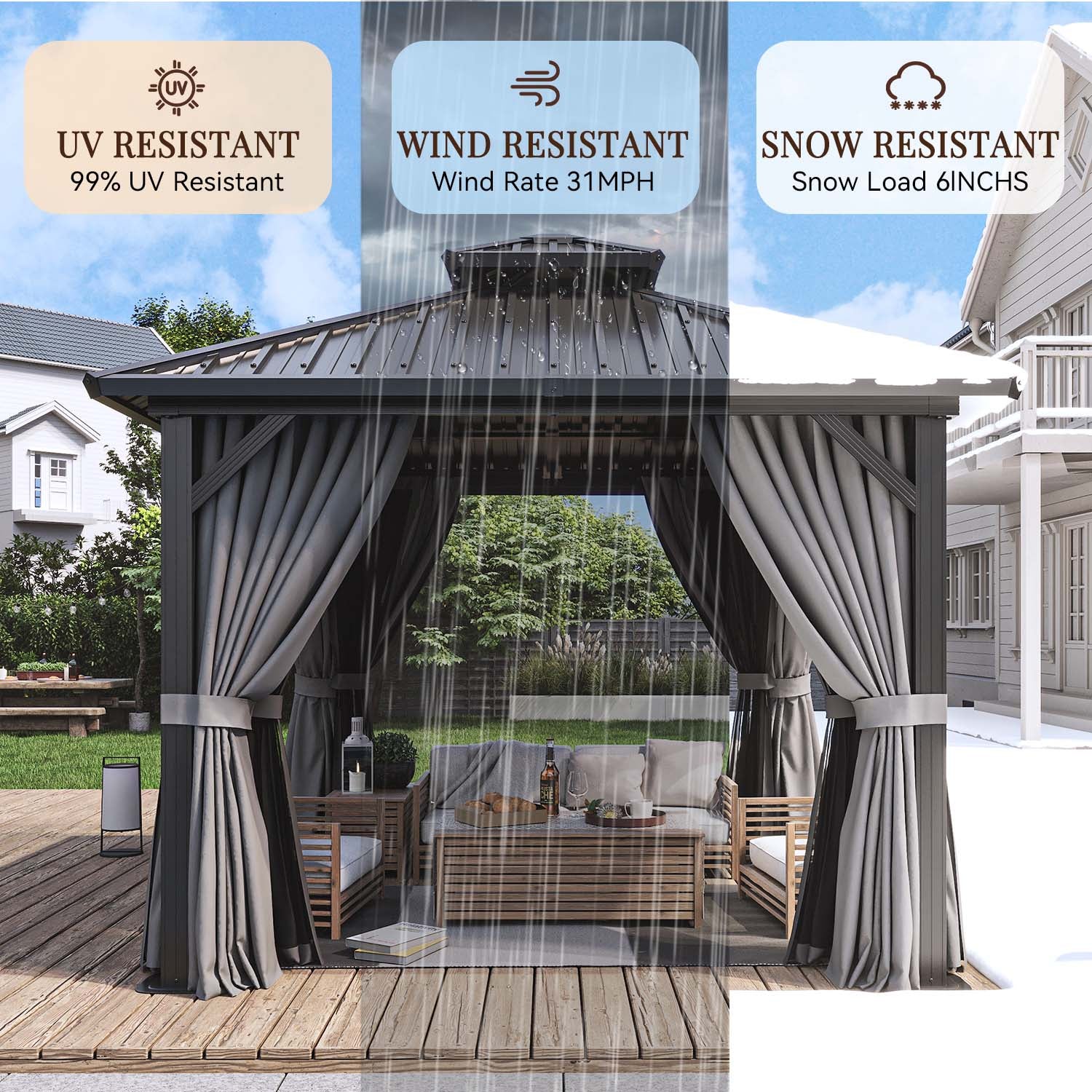 10' x 10' Hardtop Gazebo, Aluminum Frame Permanent Pavilion Double Galvanized Metal Roof with Curtains and Hooks for Garden, Patio, Backyard, Gray