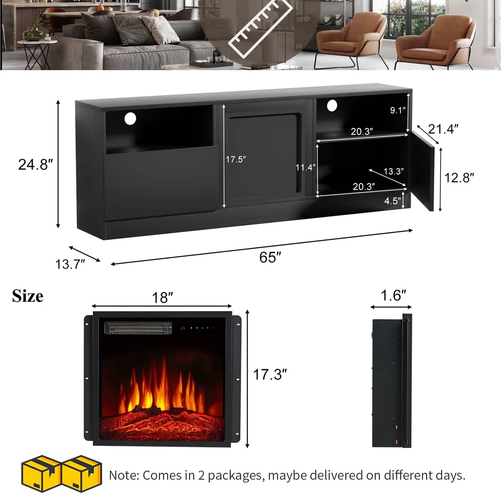 TV Stand with Fireplace for TVs up to 75", TV Stand for Living Room, Blac