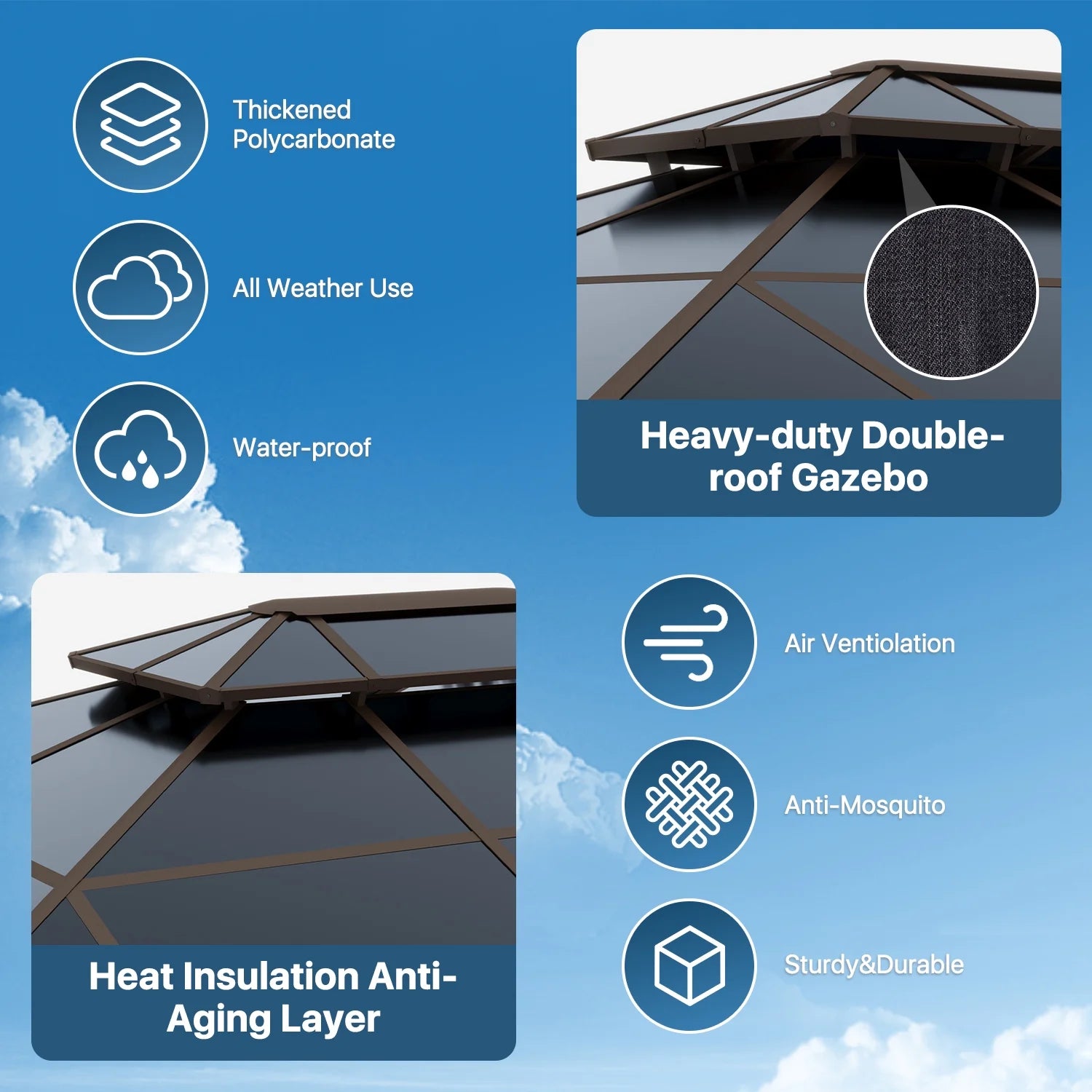 Sunmthink 12'x20' Hardtop Steel Gazebo - Durable Polycarbonate Double-Roof Design with Included Privacy Curtains & Bug Netting - Ideal for Gardens, Patios and Backyards (Brown)