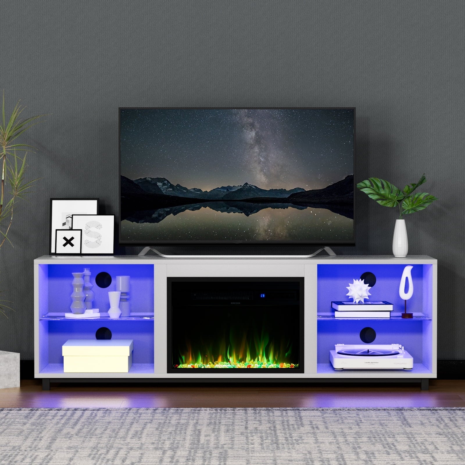 White TV Stand with 23" Fireplace, Entertainment Center for TVs up to 80", with LED Light