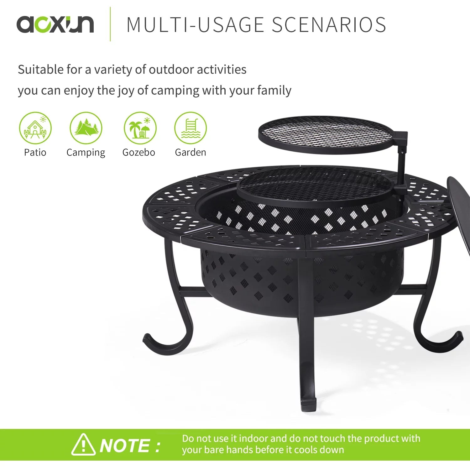 Fire Pit, 36.2 inch Fire Pits for Outside, Metal Round Outdoor Firepit with 2 Grill, Black