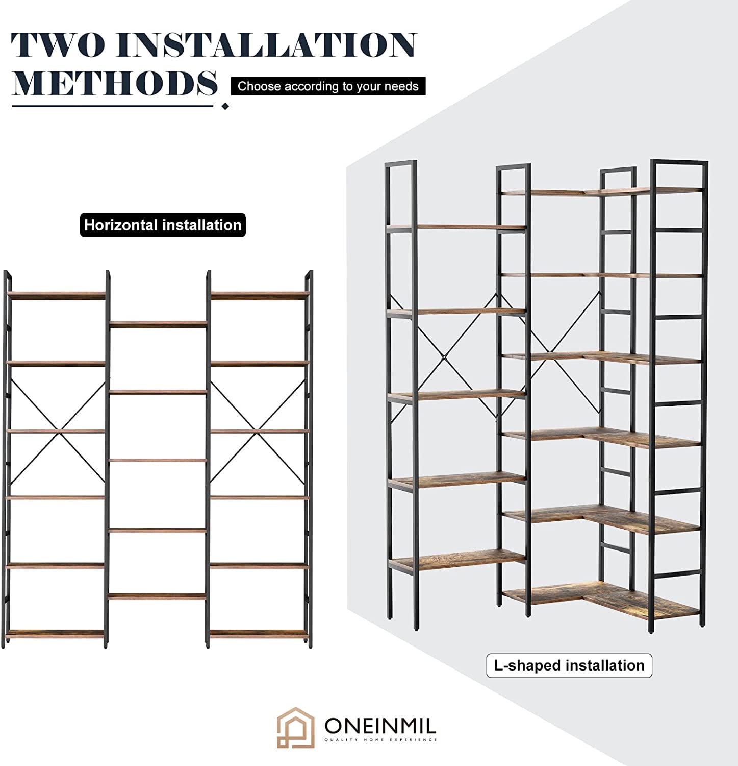 6 Tiers Triple Wide Corner Bookcase with 17 High Quality Solid Open Shelves, Rustic Brown