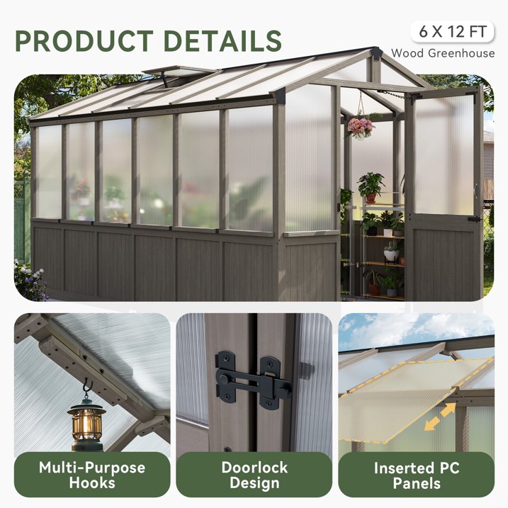 AOXUN 6' x 12' Outdoor Cedar Wood Greenhouse, Walk-in Greenhouse with Adjustable Roof Vent and Lockable Door