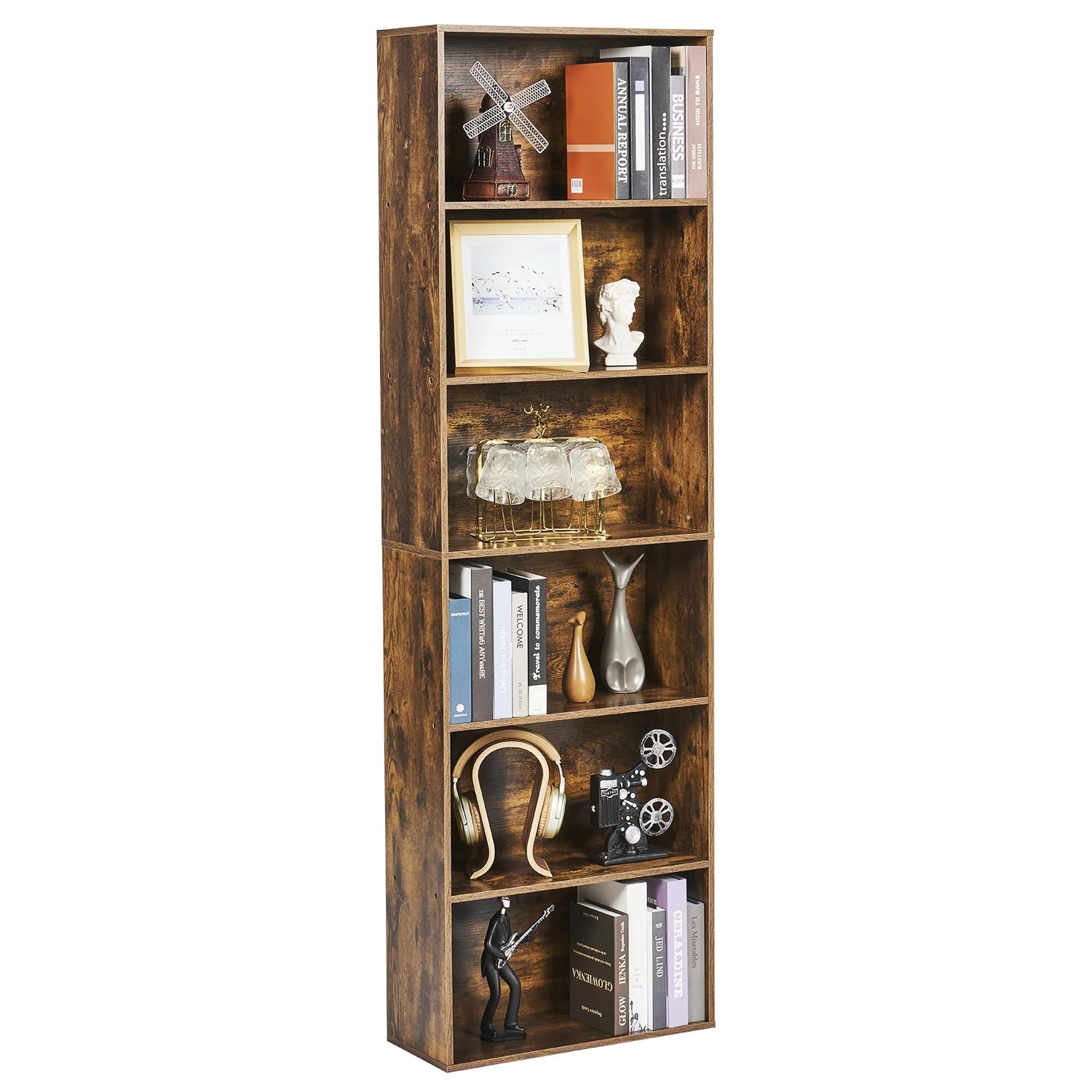 6-Tier Tall Narrow Bookcase for Home Office, Brown