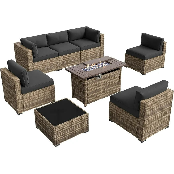 Aoxun 8 Piece Patio Furniture Set with 44” Fire Pit Table Wicker Rattan Outdoor Sectional Sofa Set with Coffee Table and 4” Thickened Cushions, Black (Waterproof Cover Included)