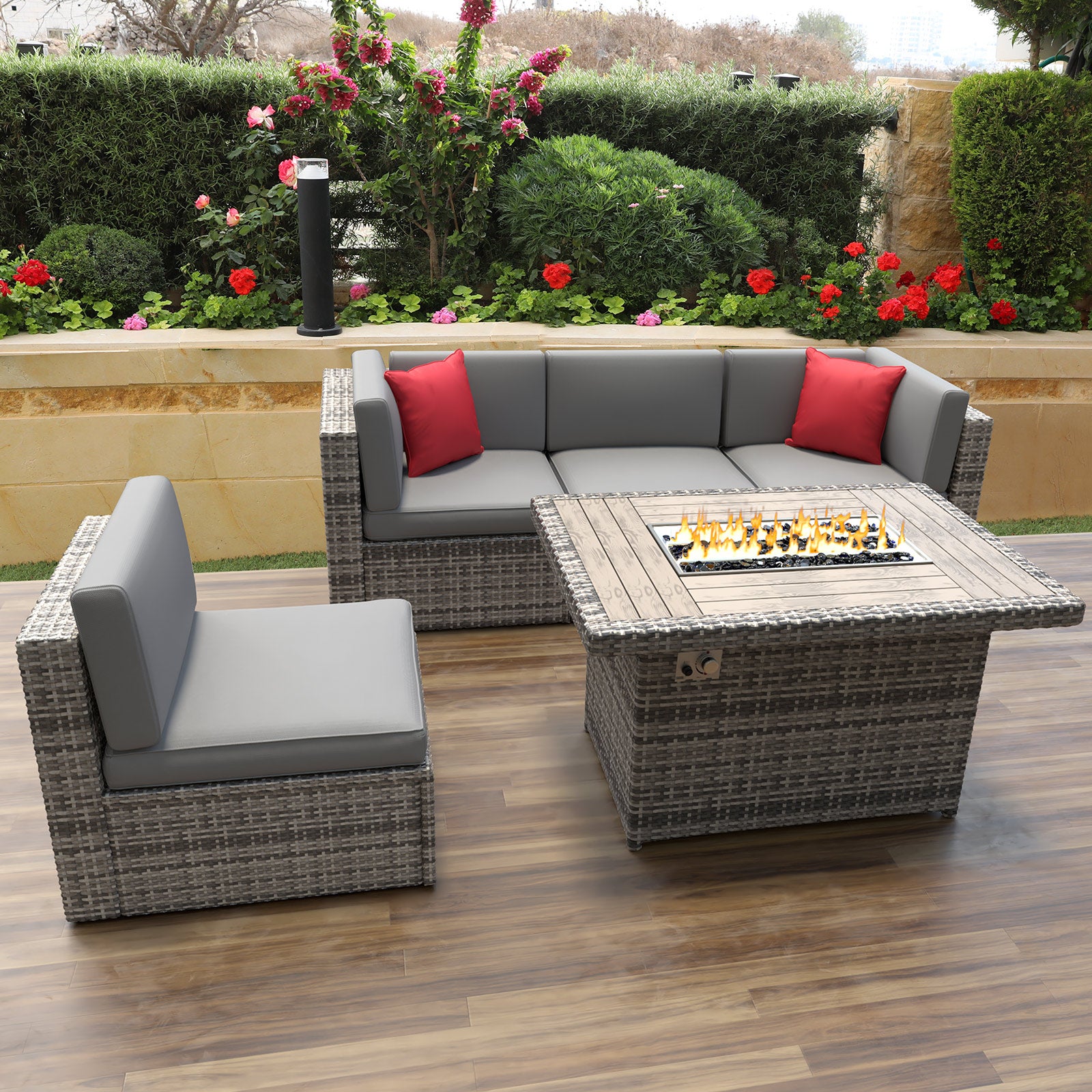 5 Pcs Patio Furniture Sets with Fire Pit Table, Grey