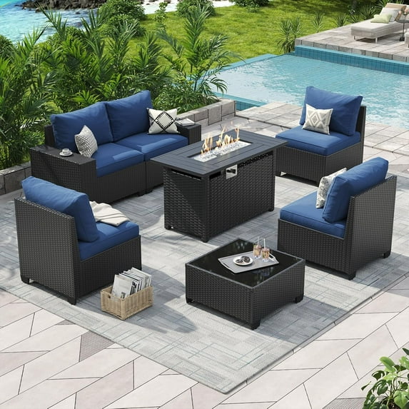 Aoxun 7 Pcs Outdoor Patio Furniture Sets with with 44'' Fire Table, Widen Armrests Wicker Outdoor Sectional for Backyard (Waterproof Cover Include)