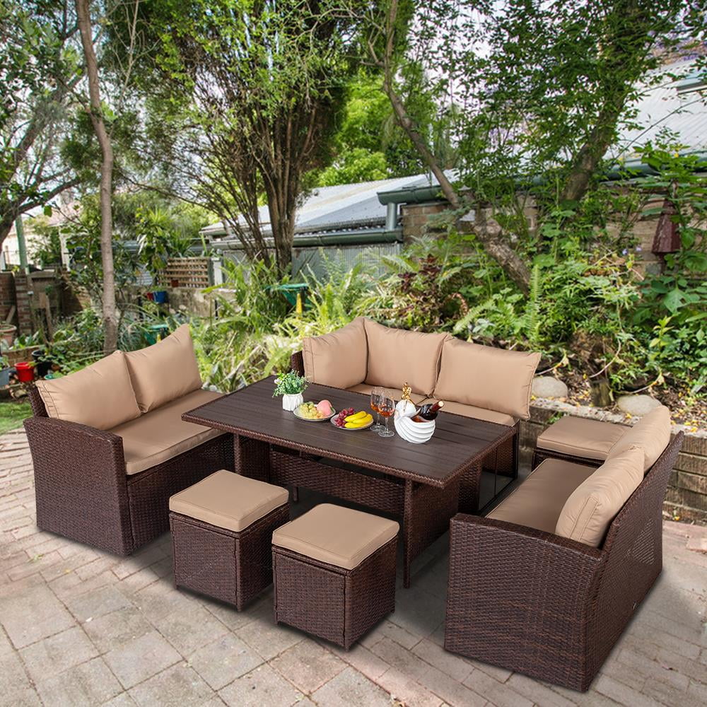 15 Pcs Patio Furniture Sets with 50000 BTU Fire Pit Table, Patio Sectional for Garden, Beige