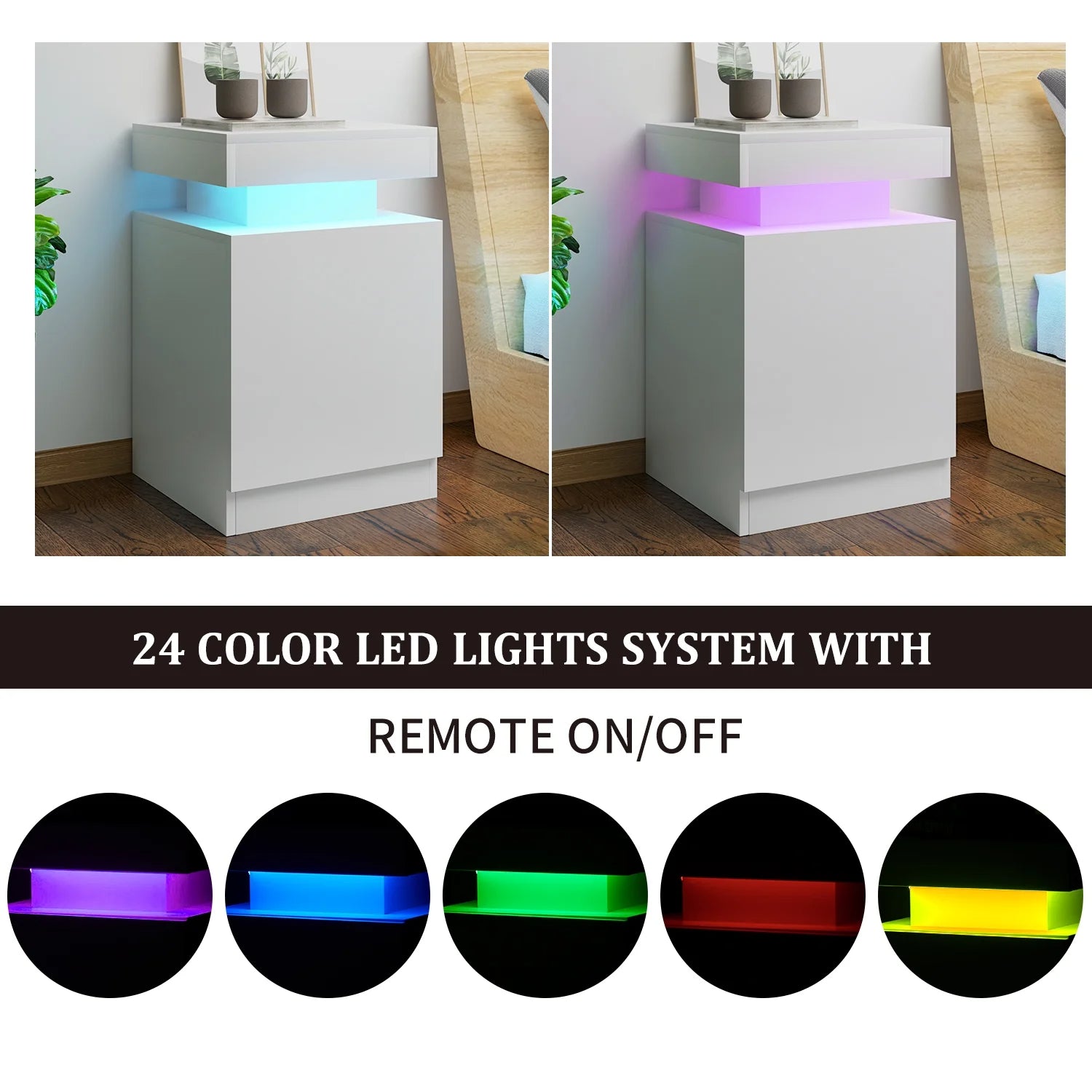 Set of 2 Nightstand, White, with 24 Color LED Lights