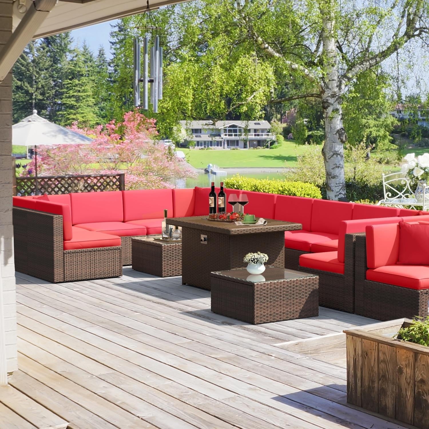 15-Piece Patio Furniture Set with Propane Fire Pit Table Wicker Outdoor Conversation Set, Red