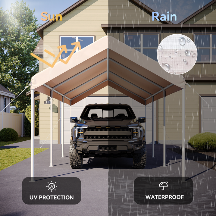 Aoxun 10x20 FT Heavy-Duty Portable Carport, Outdoor Car Canopy Shelter with Waterproof Tarp & Wind Resistant Design, Galvanized Steel Frame for Vehicle, RV, Boat, Truck Cover (Khaki)
