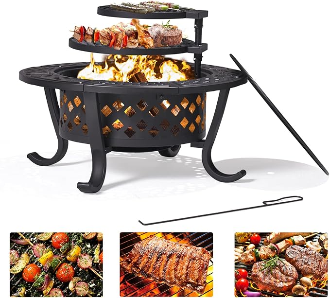 Outdoor Wood Burning Fire Pit with 2 Grills, BBQ Fire Table