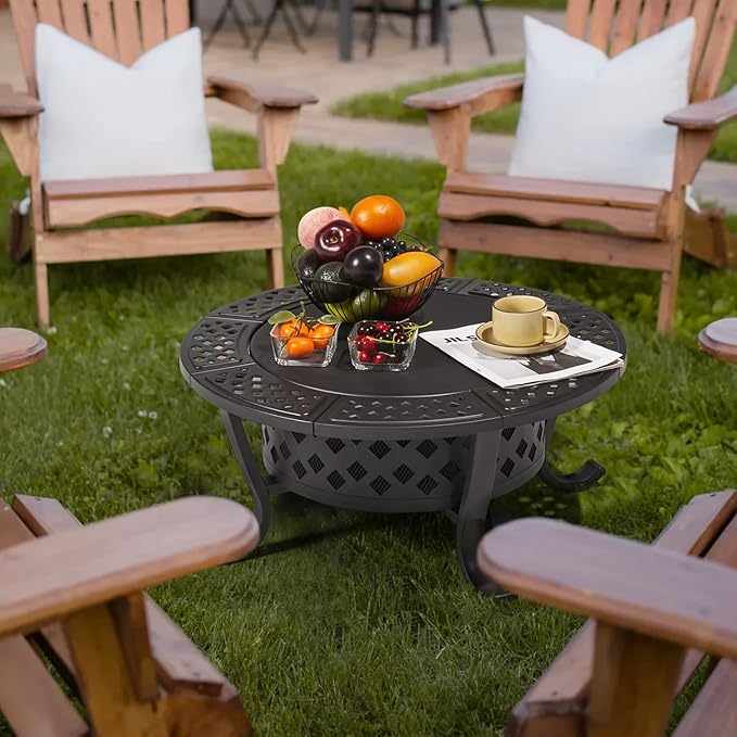 Outdoor Wood Burning Fire Pit with 2 Grills, BBQ Fire Table