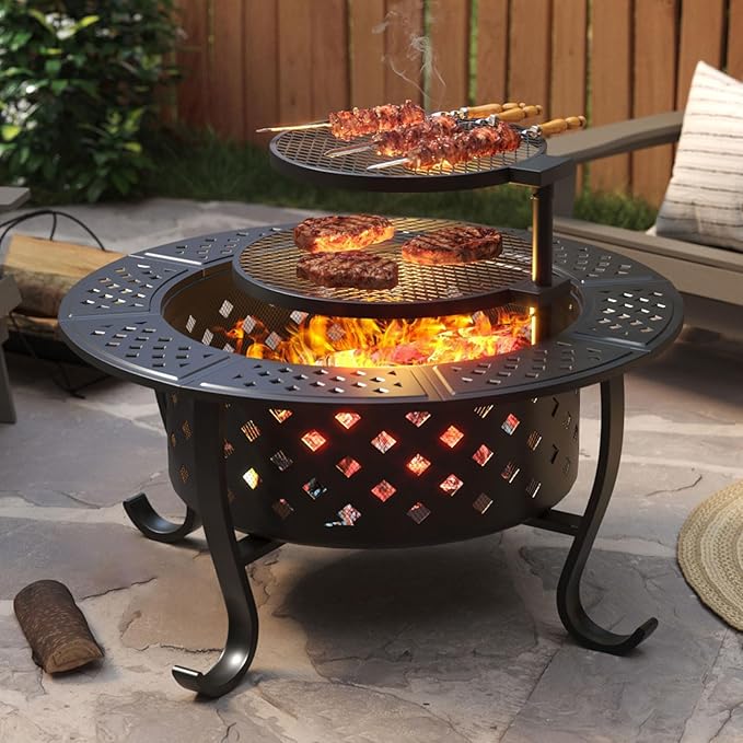 Outdoor Wood Burning Fire Pit with 2 Grills, BBQ Fire Table