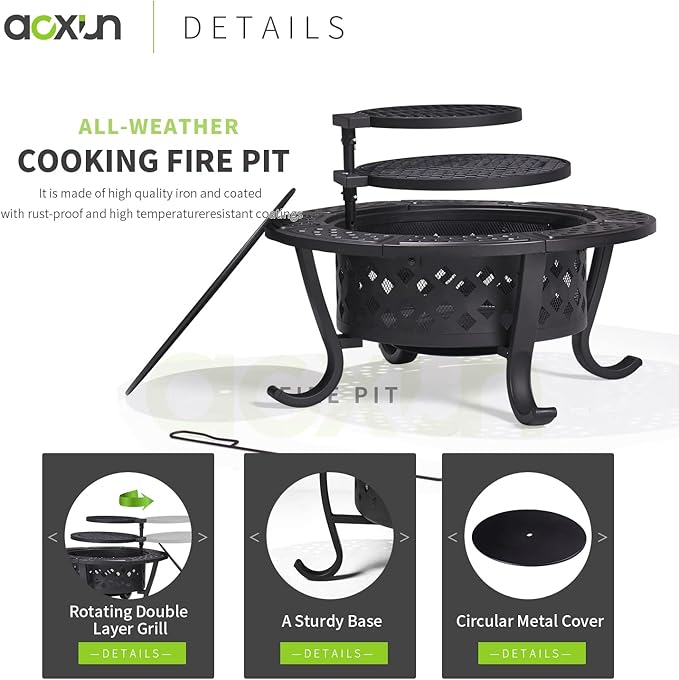 Outdoor Wood Burning Fire Pit with 2 Grills, BBQ Fire Table