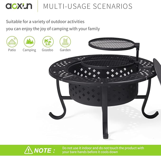 Outdoor Wood Burning Fire Pit with 2 Grills, BBQ Fire Table