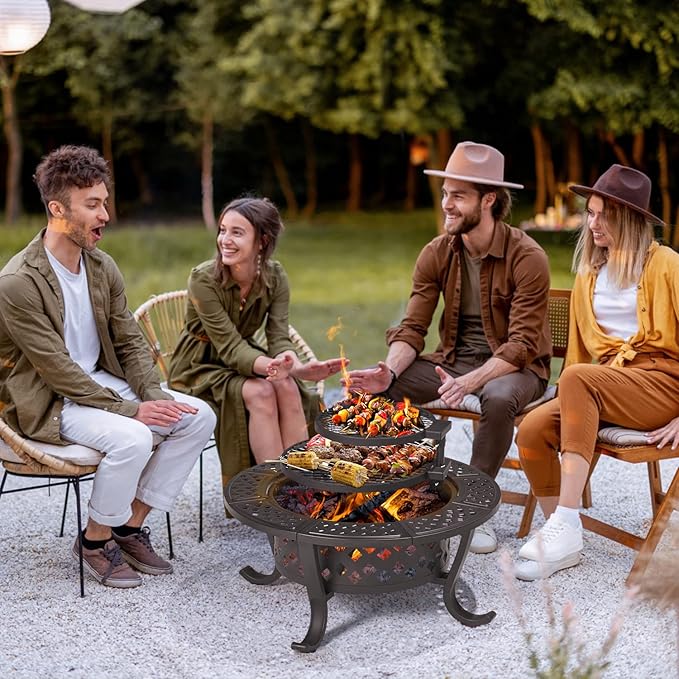 Outdoor Wood Burning Fire Pit with 2 Grills, BBQ Fire Table