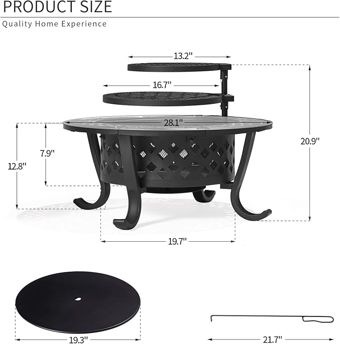 Outdoor Wood Burning Fire Pit with 2 Grills, BBQ Fire Table