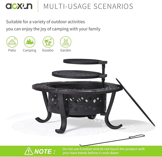 Outdoor Wood Burning Fire Pit with 2 Grills, BBQ Fire Table