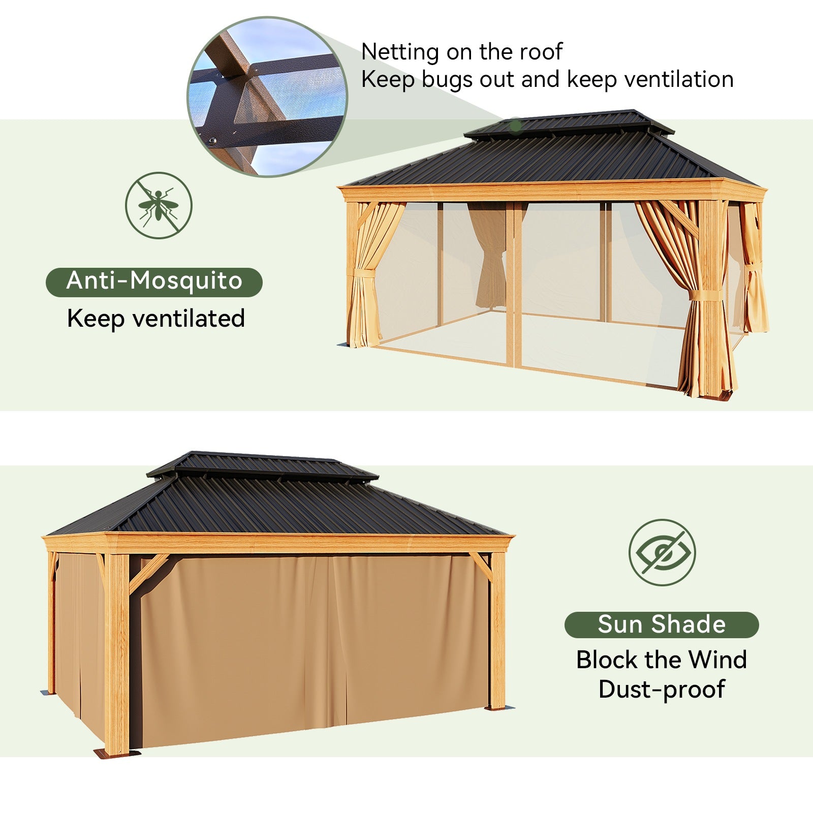 Wood Grain Hardtop Gazebo with Rain Gutter