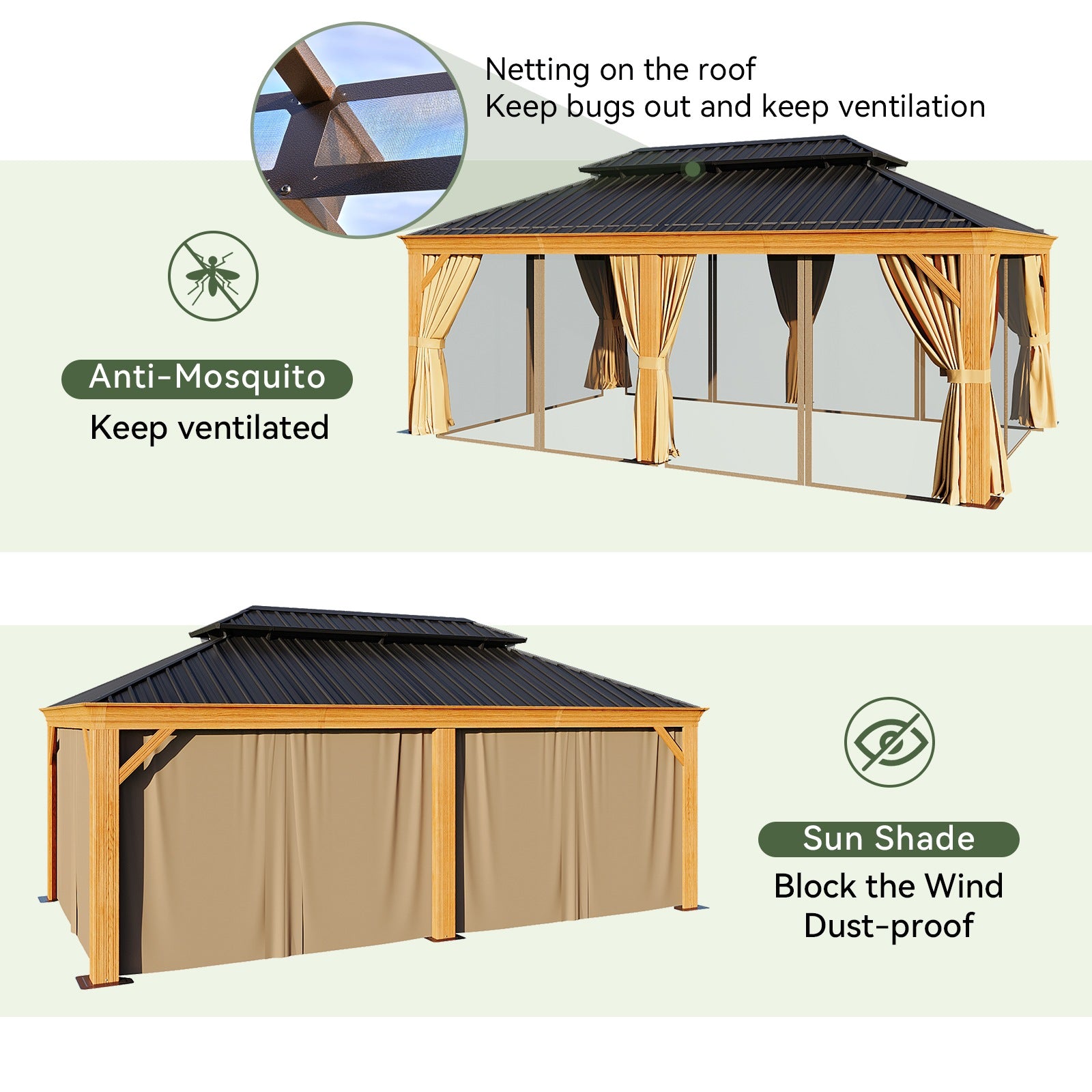 Wood Grain Hardtop Gazebo with Rain Gutter