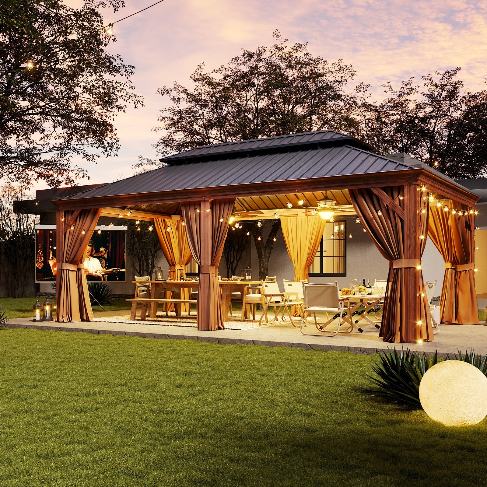 Wood Grain Hardtop Gazebo with Rain Gutter