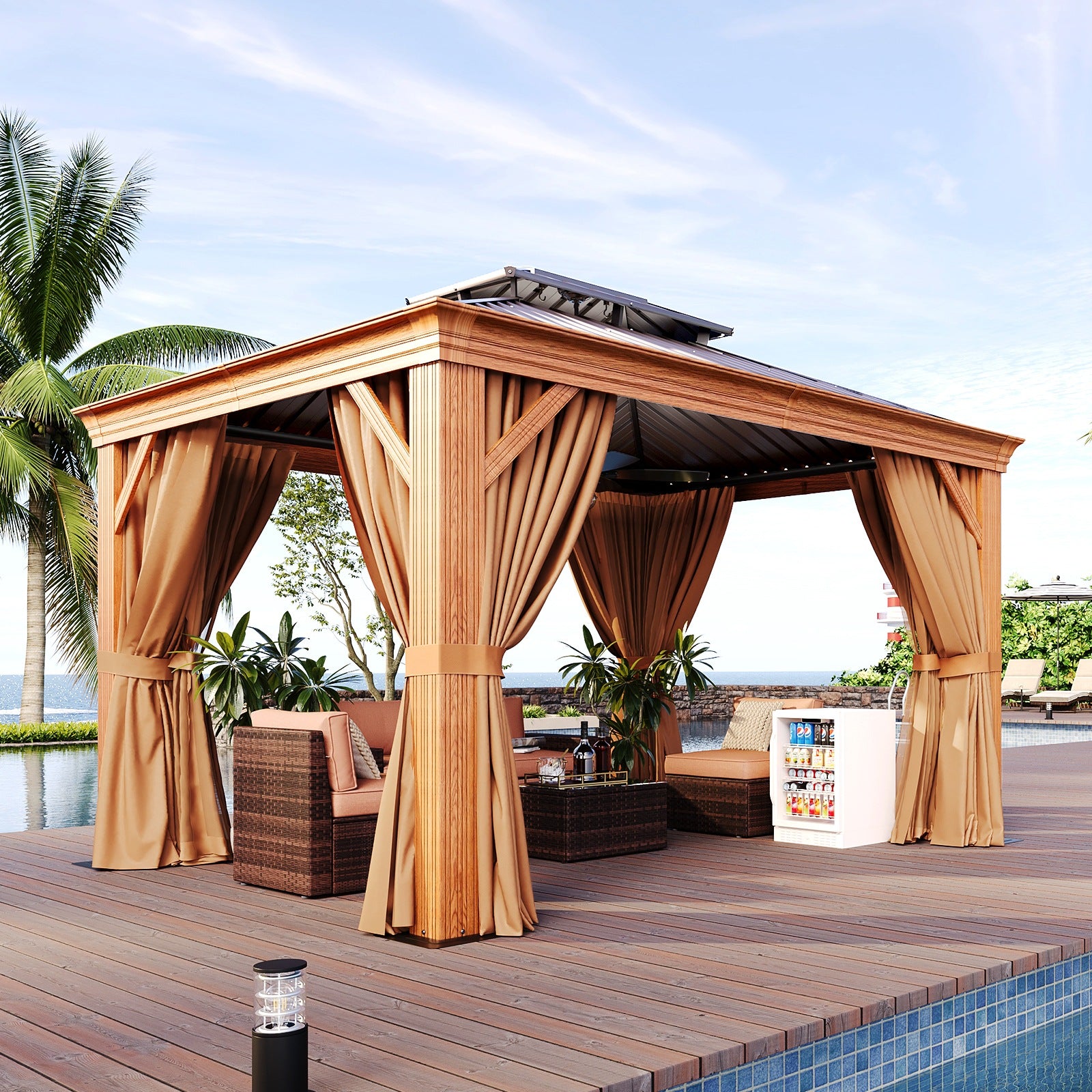 Wood Grain Hardtop Gazebo with Rain Gutter