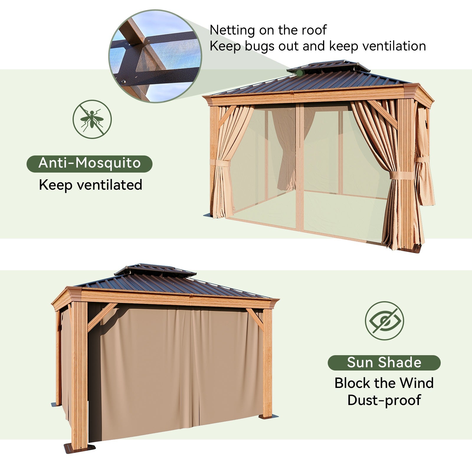 Wood Grain Hardtop Gazebo with Rain Gutter