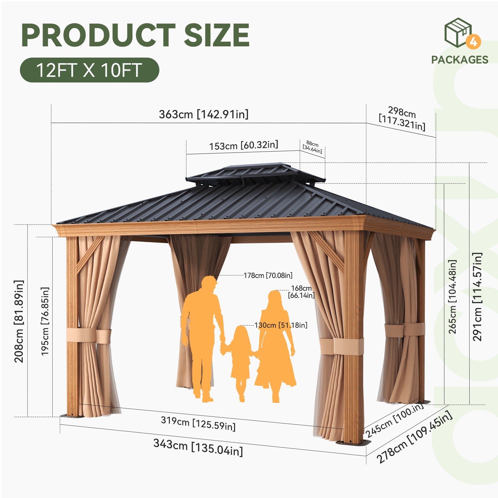 Wood Grain Hardtop Gazebo with Rain Gutter