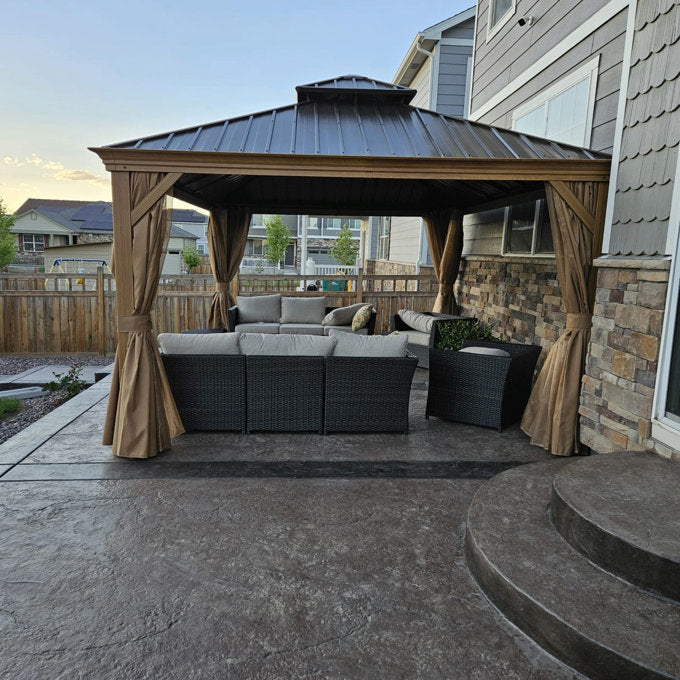 10x12 Wood Grain Hardtop Gazebo with Water Gutter, Permanent Aluminum Frame Gazebo