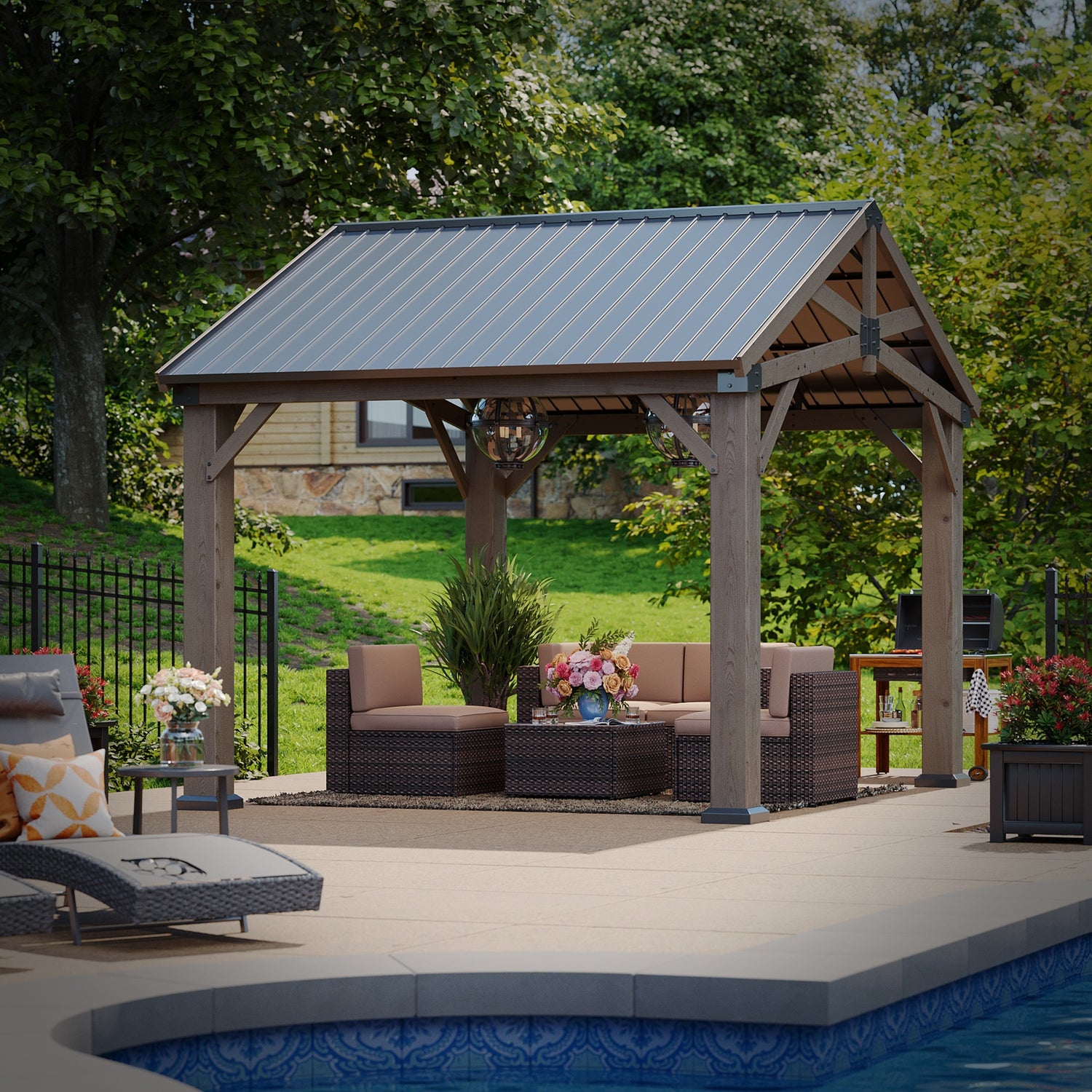 Aoxun Cedar Wood Pavilion Gazebo with Gable Roof