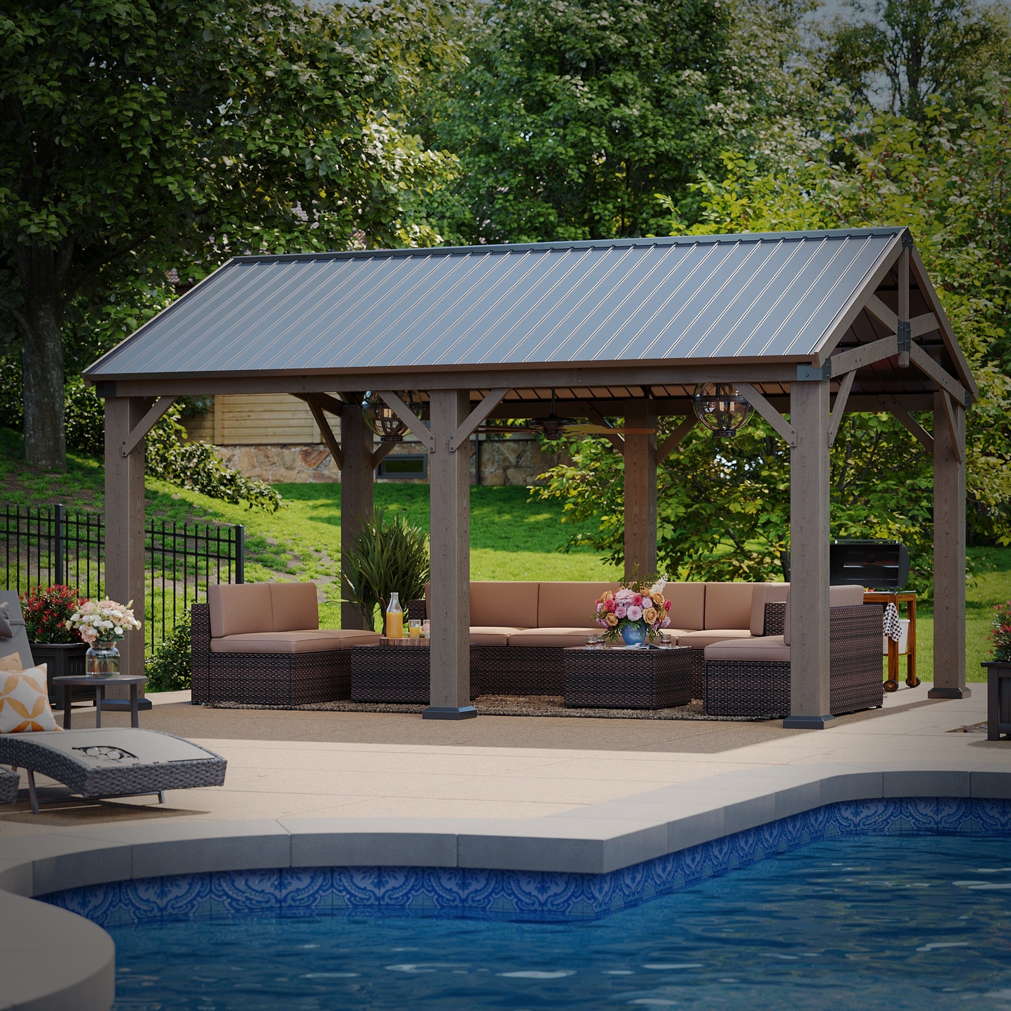 Cedar Wood Pavilion Gazebo with Gable Roof