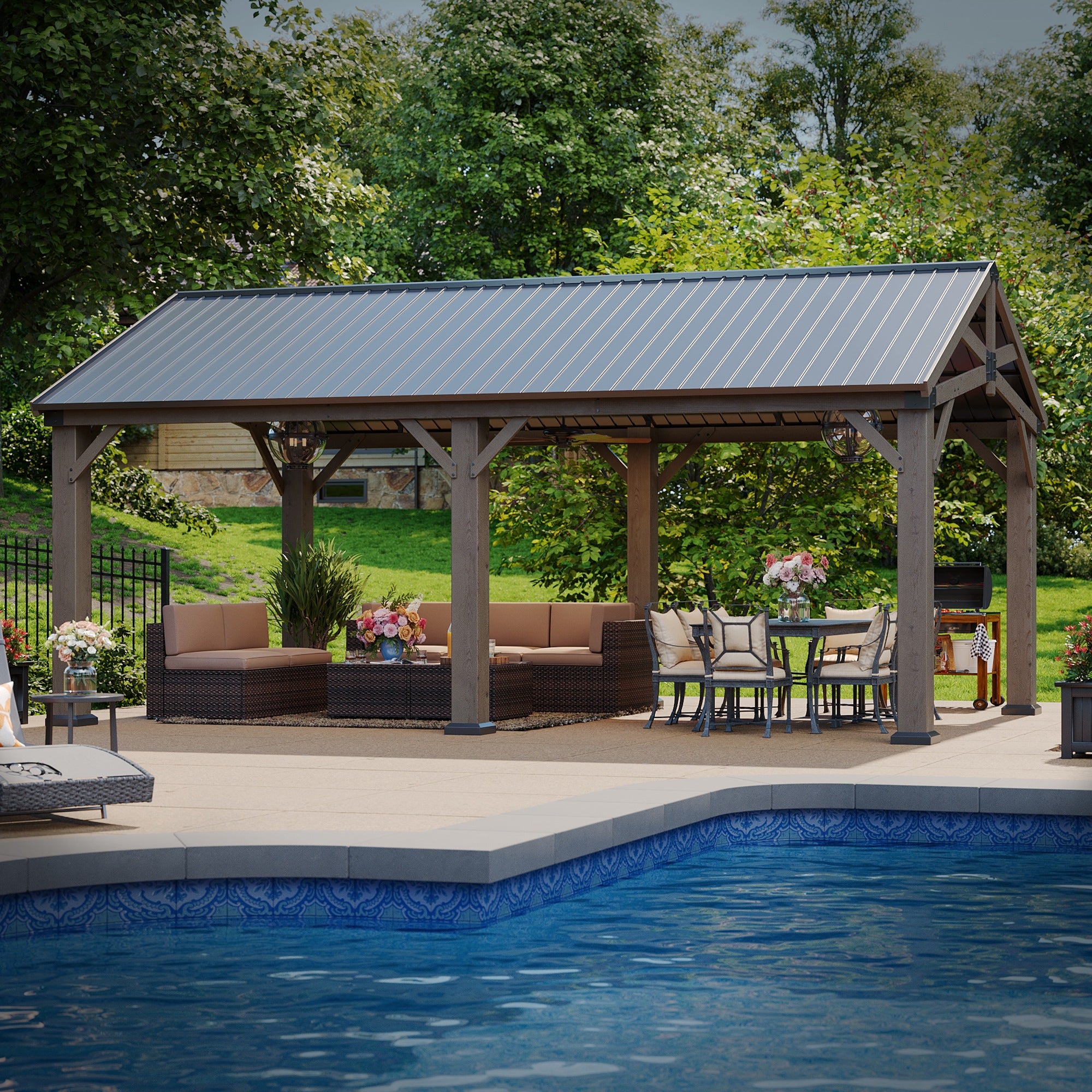 Cedar Wood Pavilion Gazebo with Gable Roof