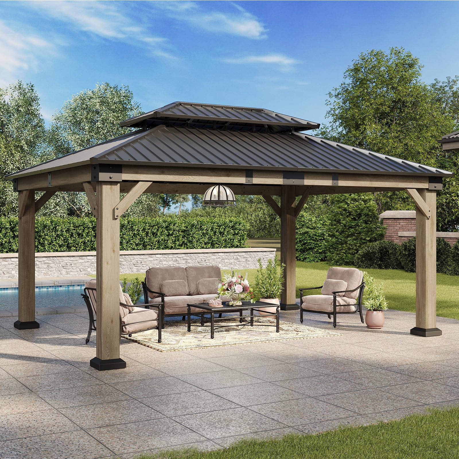 Aoxun 16' x 12' Outdoor Wood Gazebo, Hardtop Gazebo Permanent Wooden Pavilion with Galvanized Steel Double Roof,and 19.7 FT Power Outlet, for Backyard, Garden, Deck, Cedar Wood, Grey