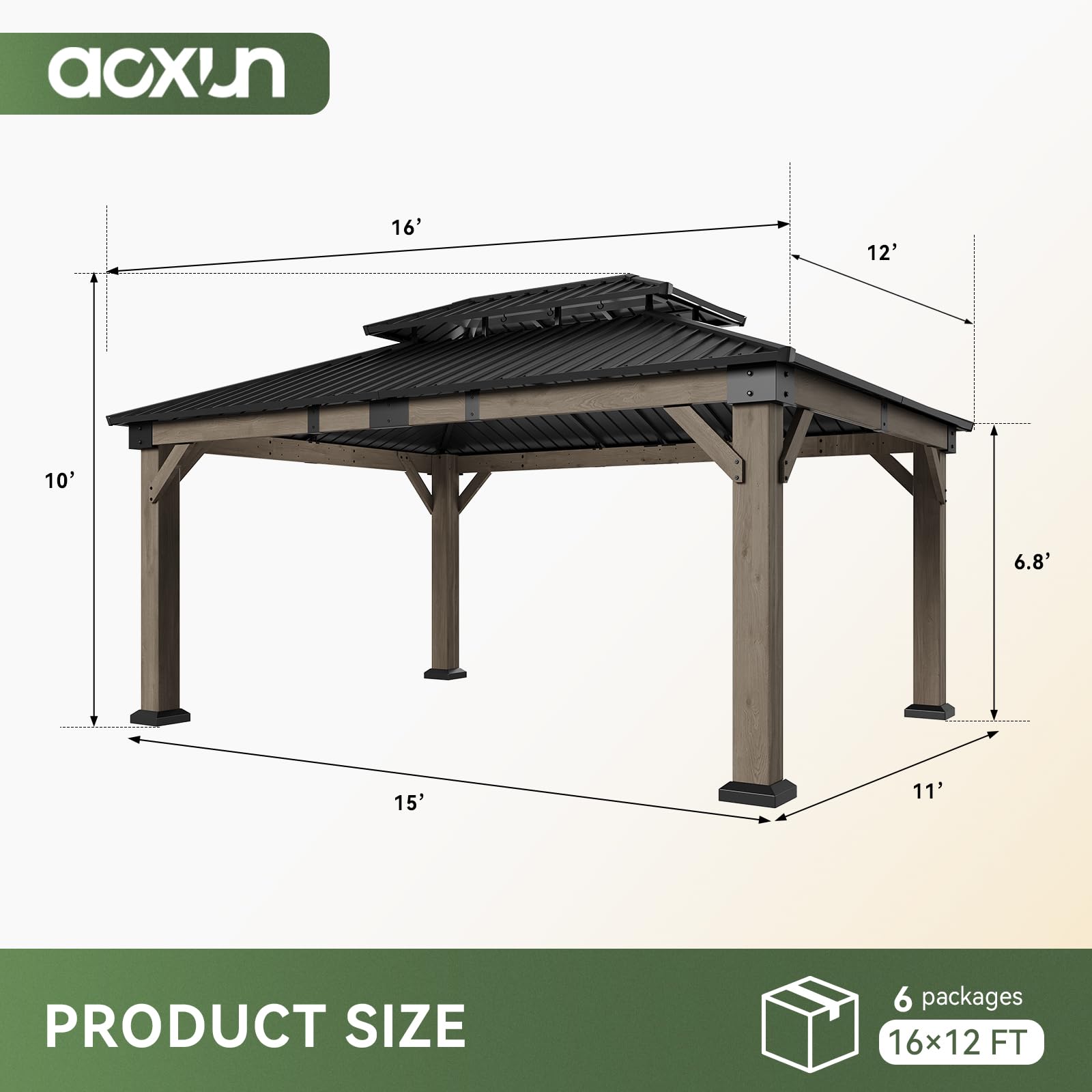Aoxun 16' x 12' Outdoor Wood Gazebo, Hardtop Gazebo Permanent Wooden Pavilion with Galvanized Steel Double Roof,and 19.7 FT Power Outlet, for Backyard, Garden, Deck, Cedar Wood, Grey