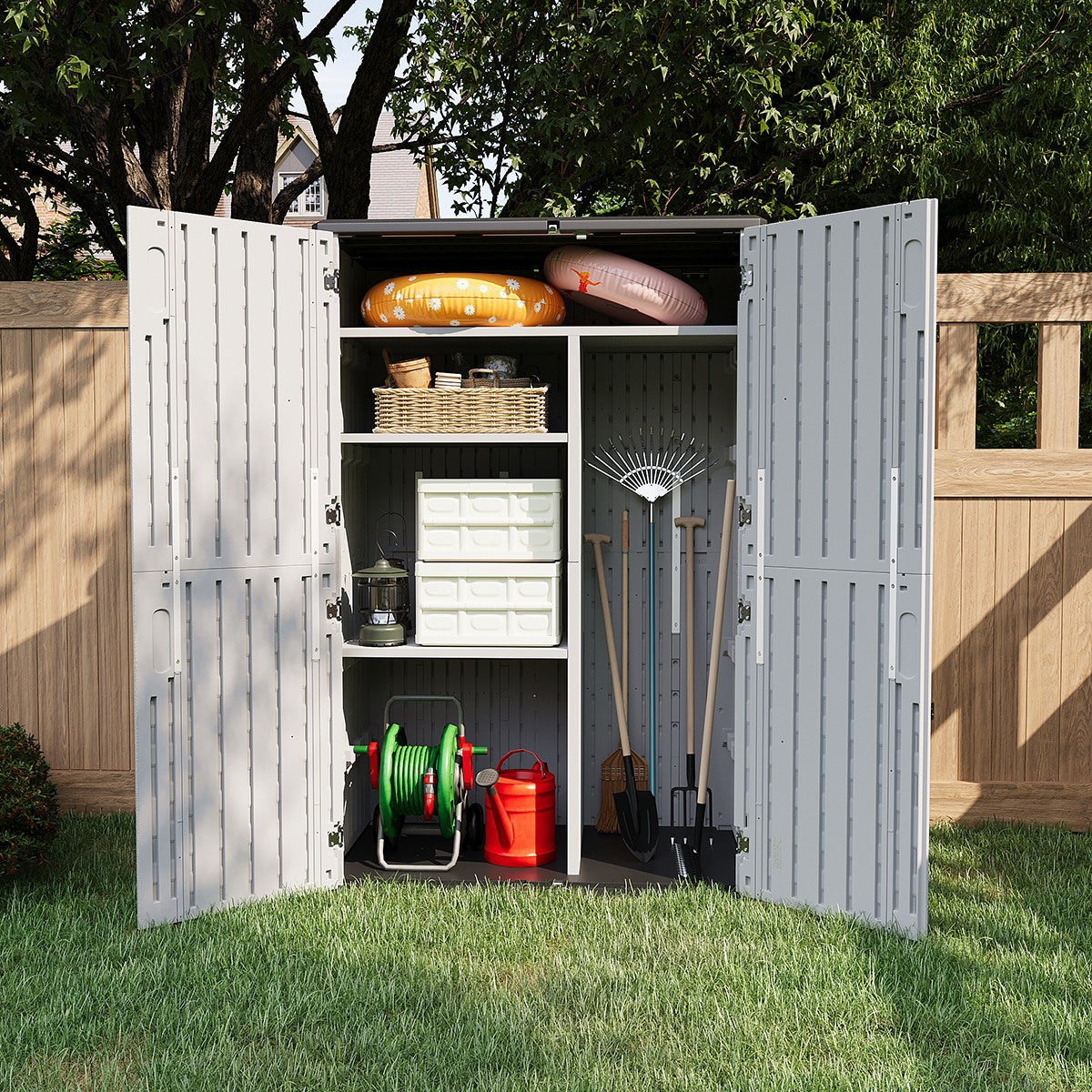 Resin Vertical Shed with Floor, Tall Tool Shed with Lockable Doors, DIY Friendly, 64 Cubic Feet