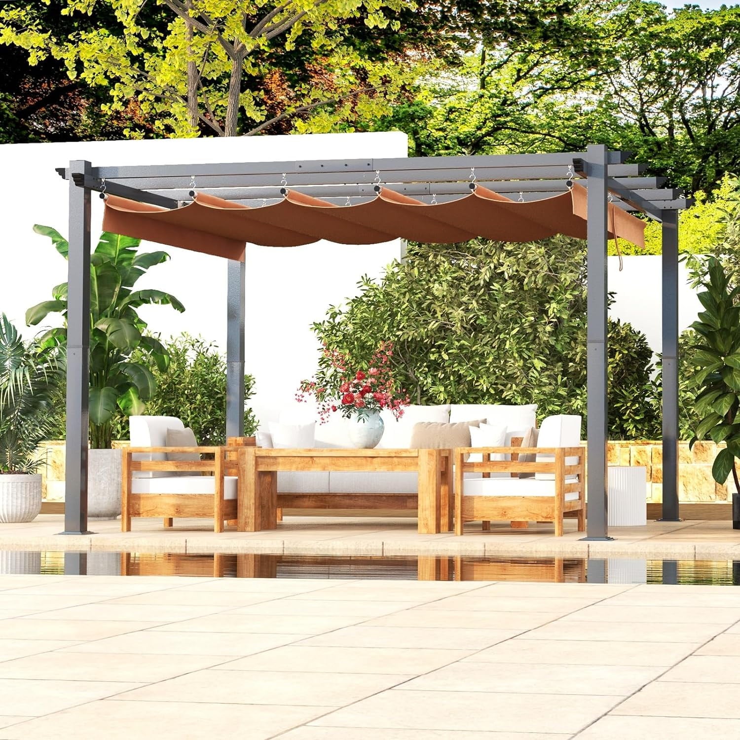 10'x10' Outdoor Retractable Pergola, with Sun-Proof Canopy, Patio Metal Pergolas Gazebos for Backyards, Gardens, Patios, Beige