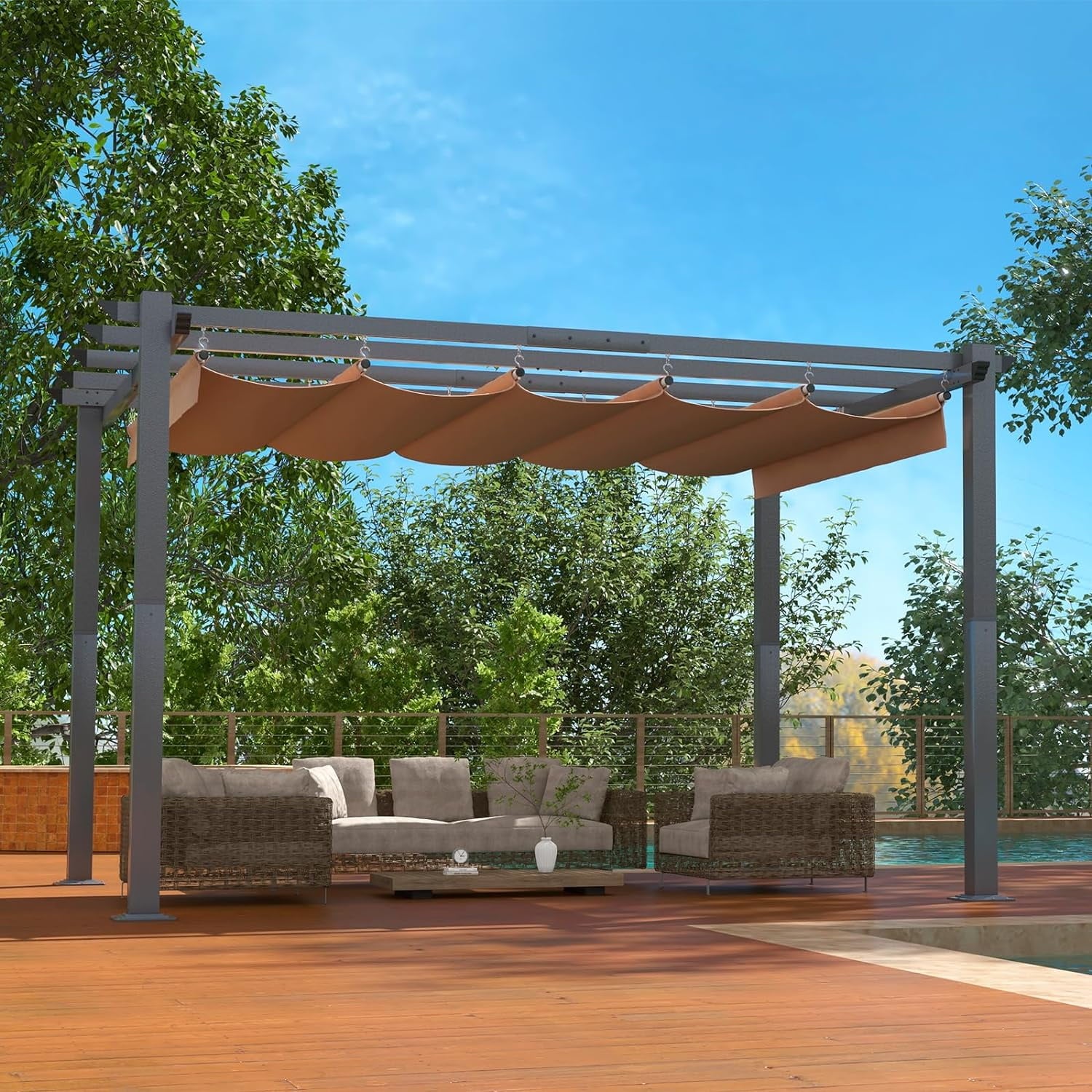 10'x10' Outdoor Retractable Pergola, with Sun-Proof Canopy, Patio Metal Pergolas Gazebos for Backyards, Gardens, Patios, Beige