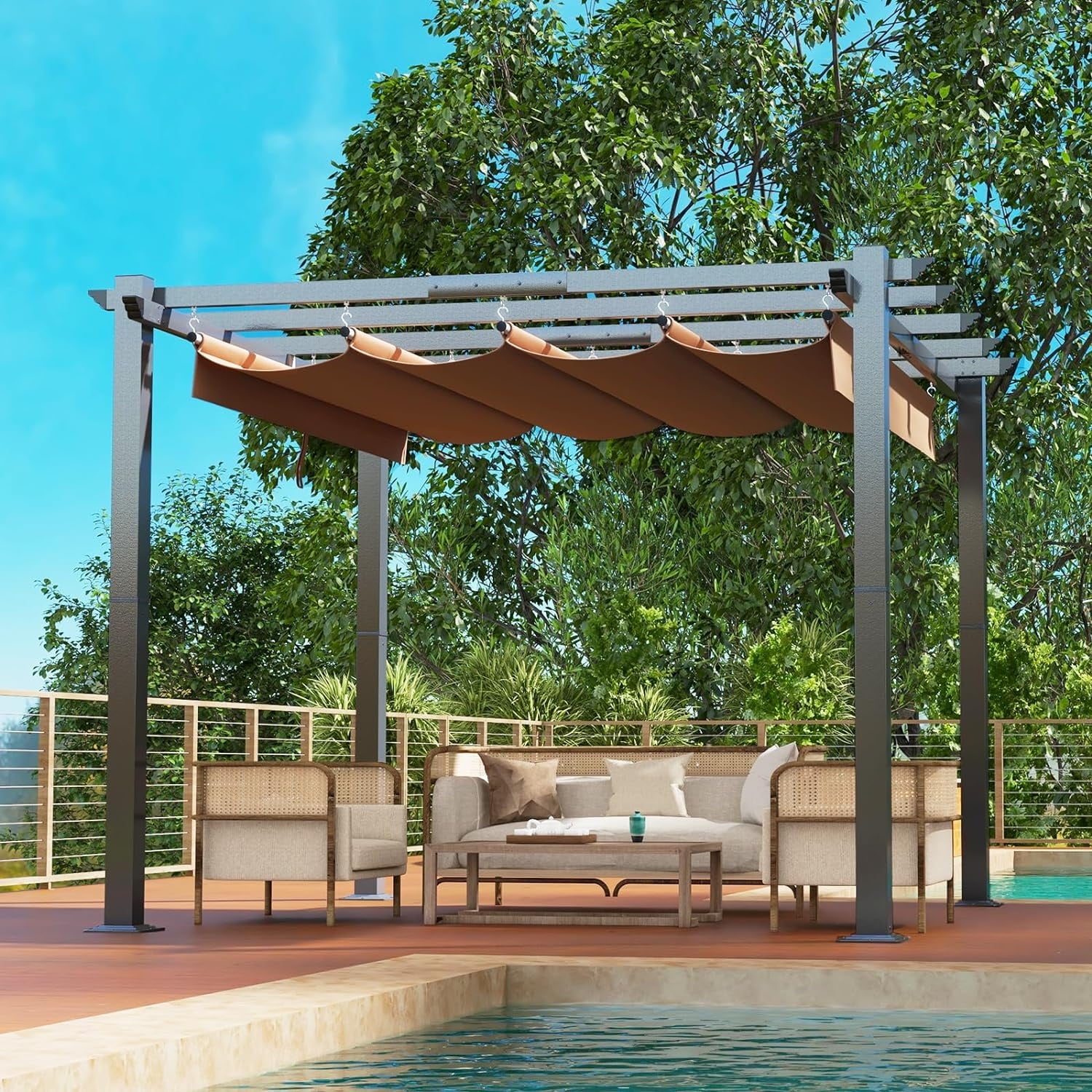 10'x12' Outdoor Retractable Pergola, with Sun-Proof Canopy, Patio Metal Pergolas Gazebos for Backyards, Gardens, Patios, Beige