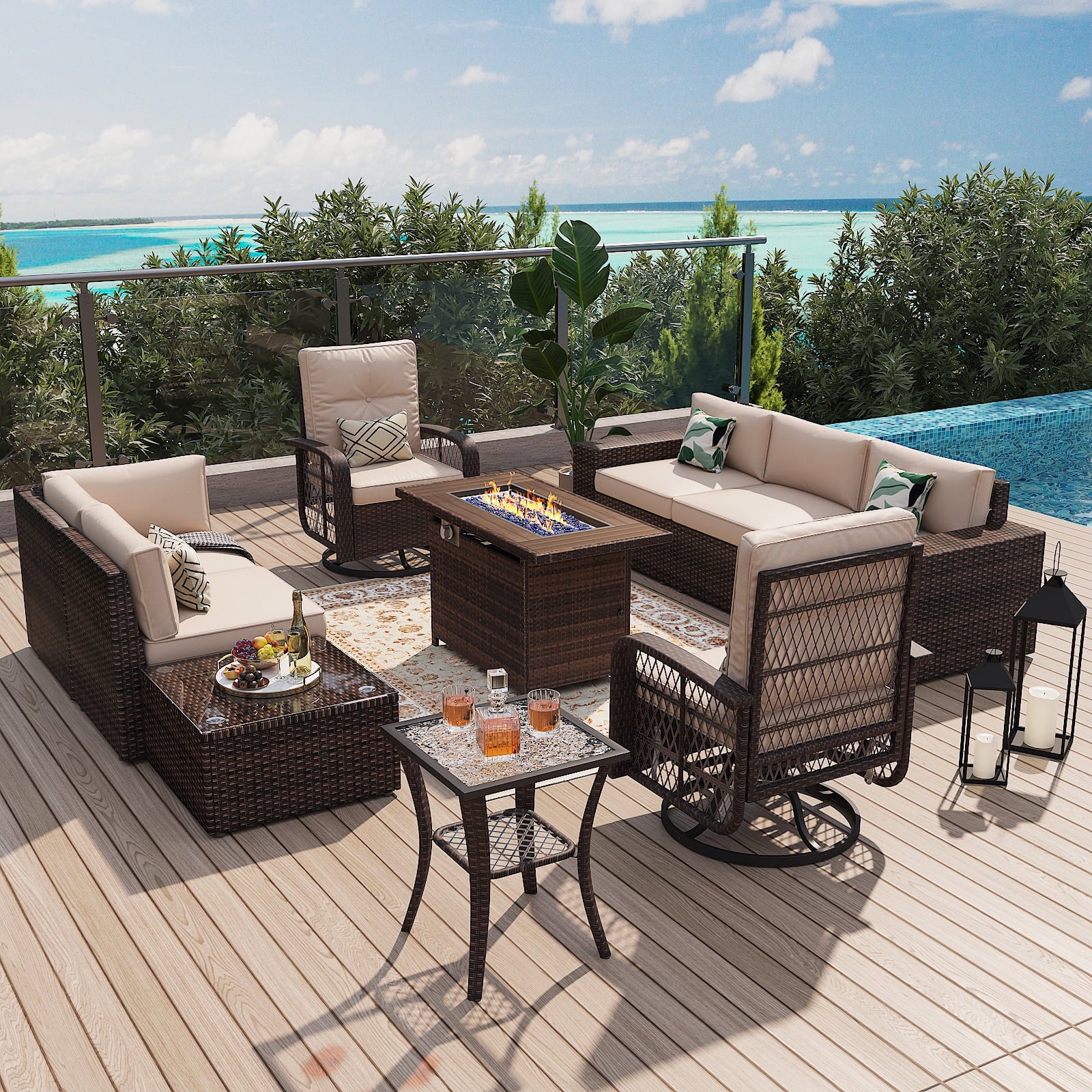 10Pcs Patio Furniture Swivel Rocker Chair Sets With Fire Pit Table All-Weather Wicker Outdoor Conversation Set Outside Rattan Sectional Sofa with Coffer Table ,Beige(with Waterproof Cover)