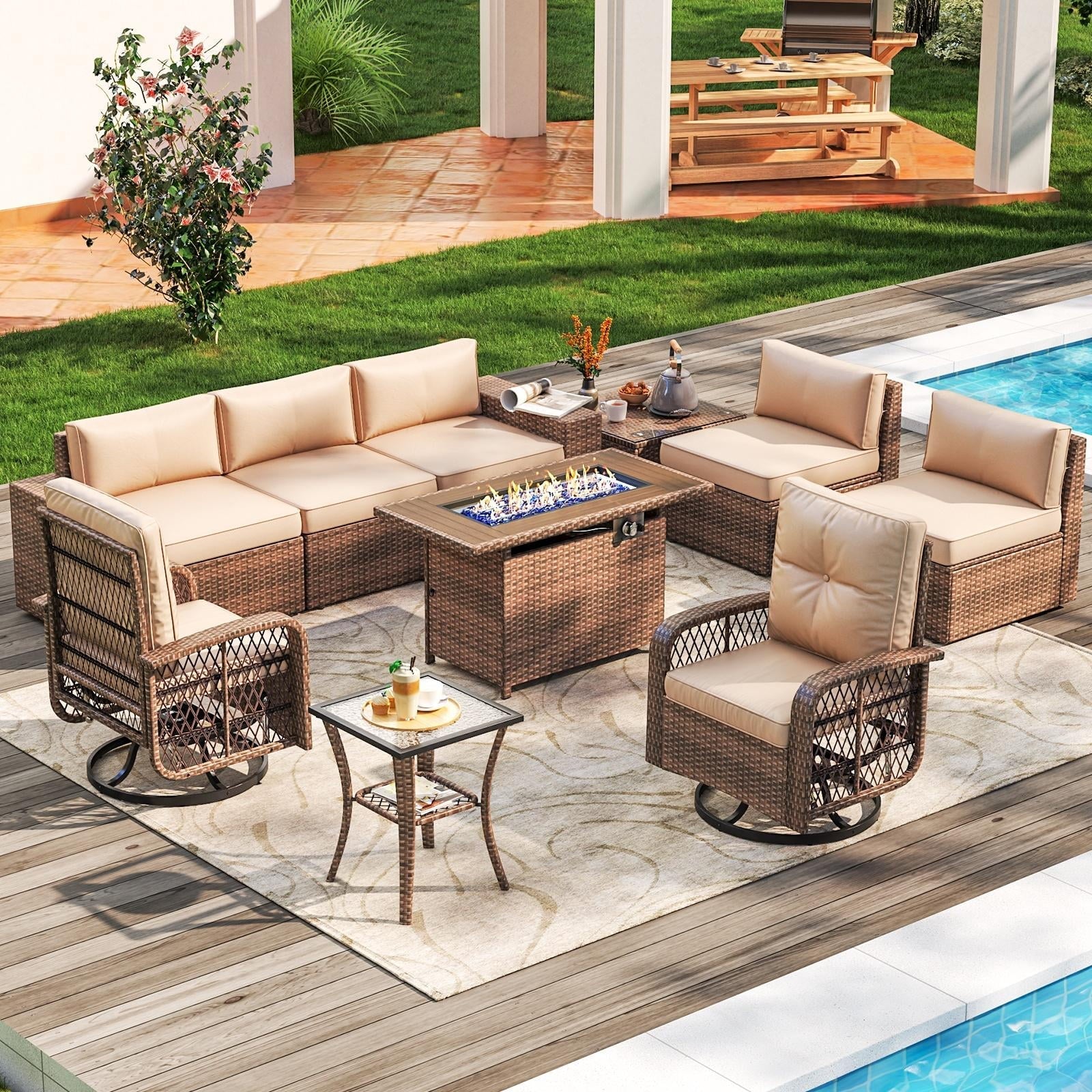 10pcs Patio Conversation Set with Fire Pit Table , Outdoor PE Rattan Sectional Sofa Sets with Swivel Chairs for Backyard,Beige