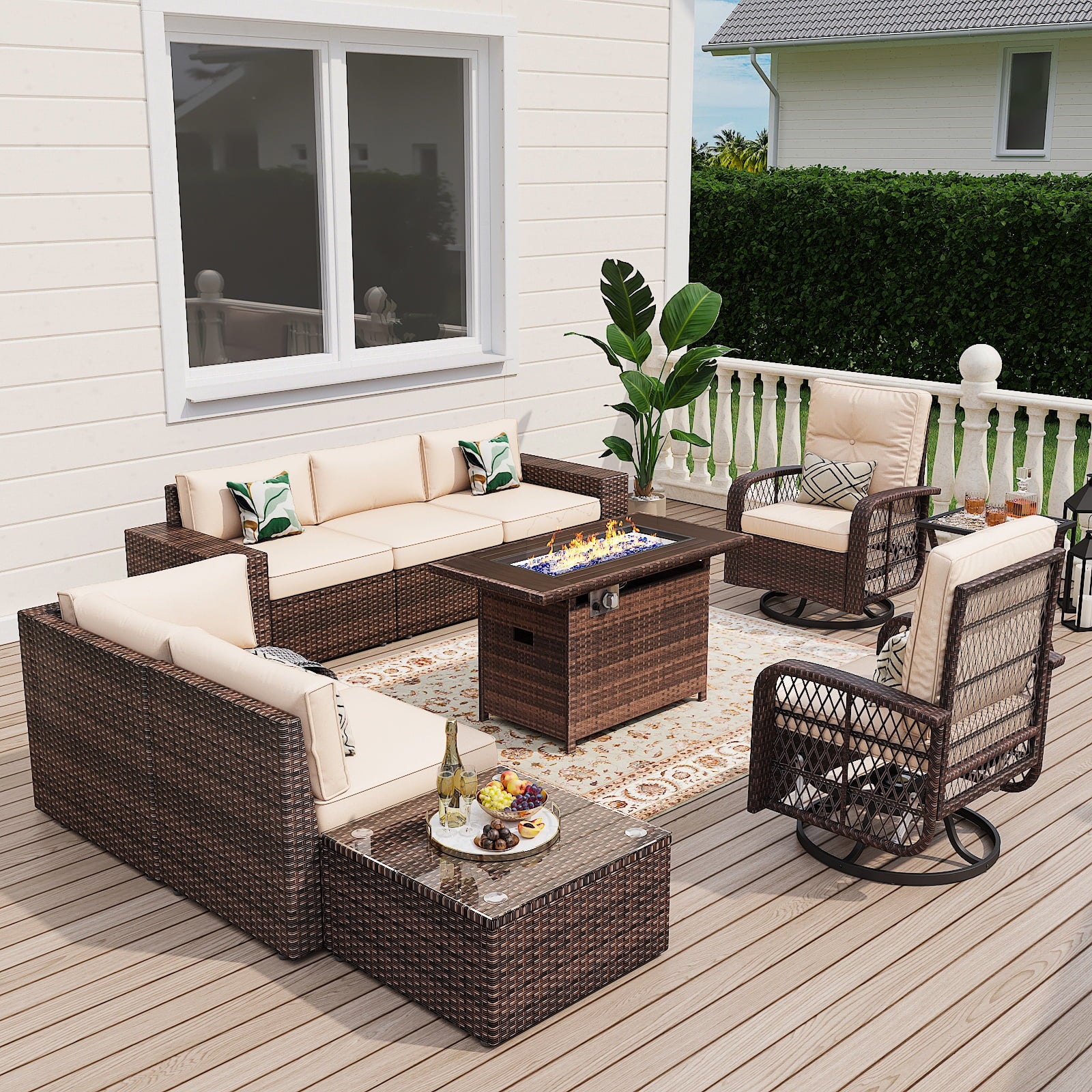 10Pcs Patio Furniture Swivel Rocker Chair Sets With Fire Pit Table All-Weather Wicker Outdoor Conversation Set Outside Rattan Sectional Sofa with Coffer Table ,Beige(with Waterproof Cover)