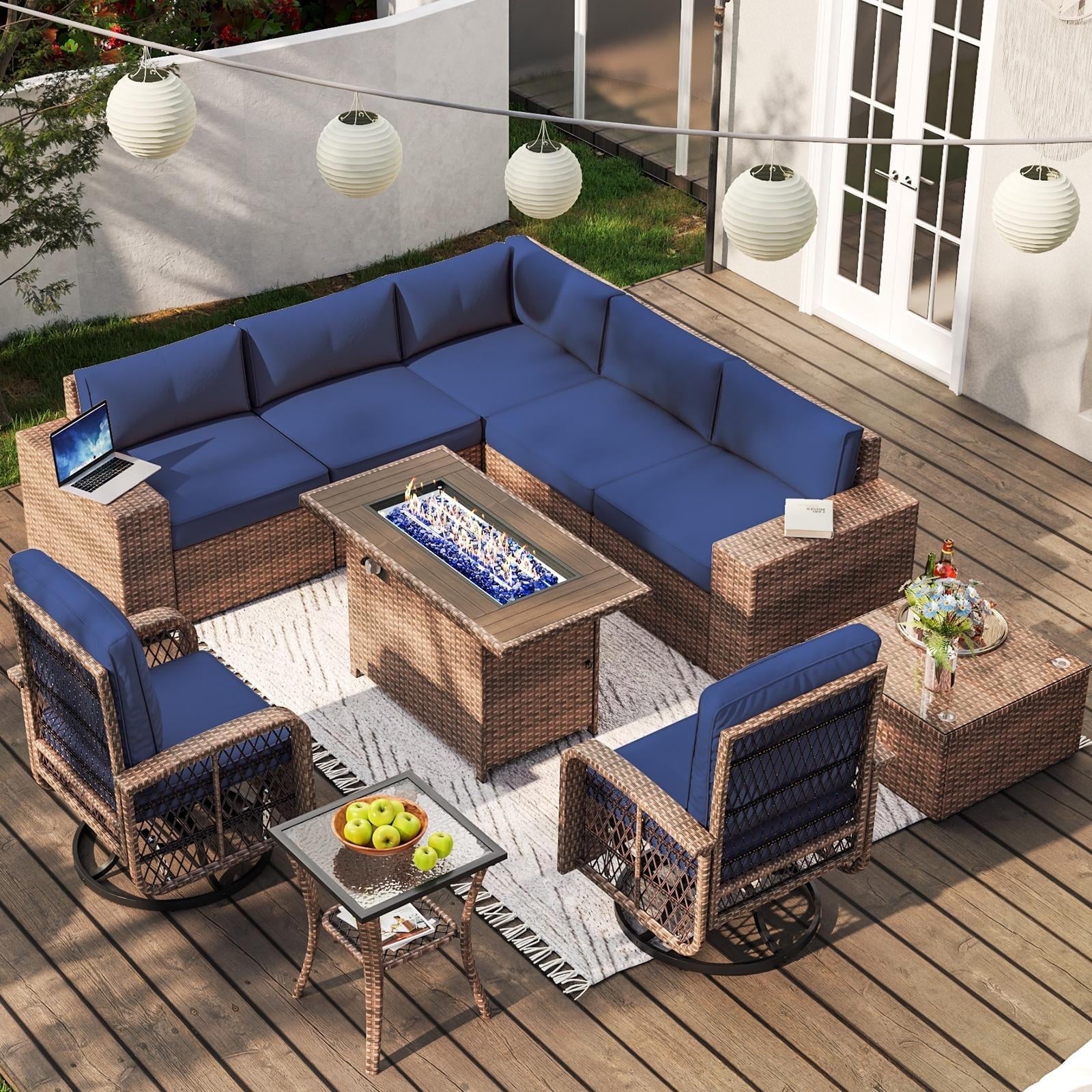 10pcs Patio Conversation Set with Fire Pit Table , Outdoor PE Rattan Sectional Sofa Sets with Swivel Chairs for Backyard,Blue