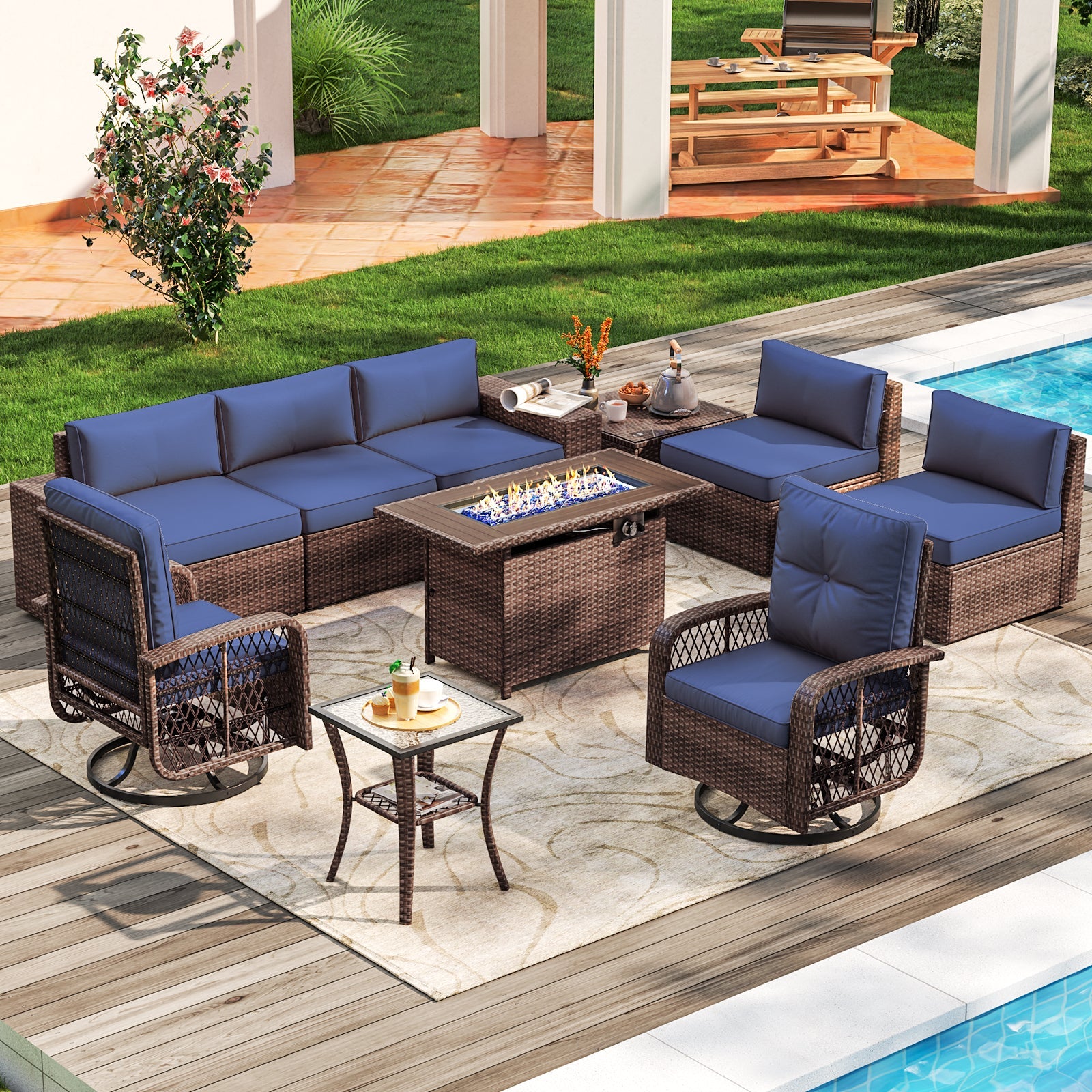 10pcs Patio Conversation Set with Fire Pit Table（Include Waterproof Cover） , Outdoor PE Rattan Sectional Sofa Sets with Swivel Chairs for Backyard,Blue