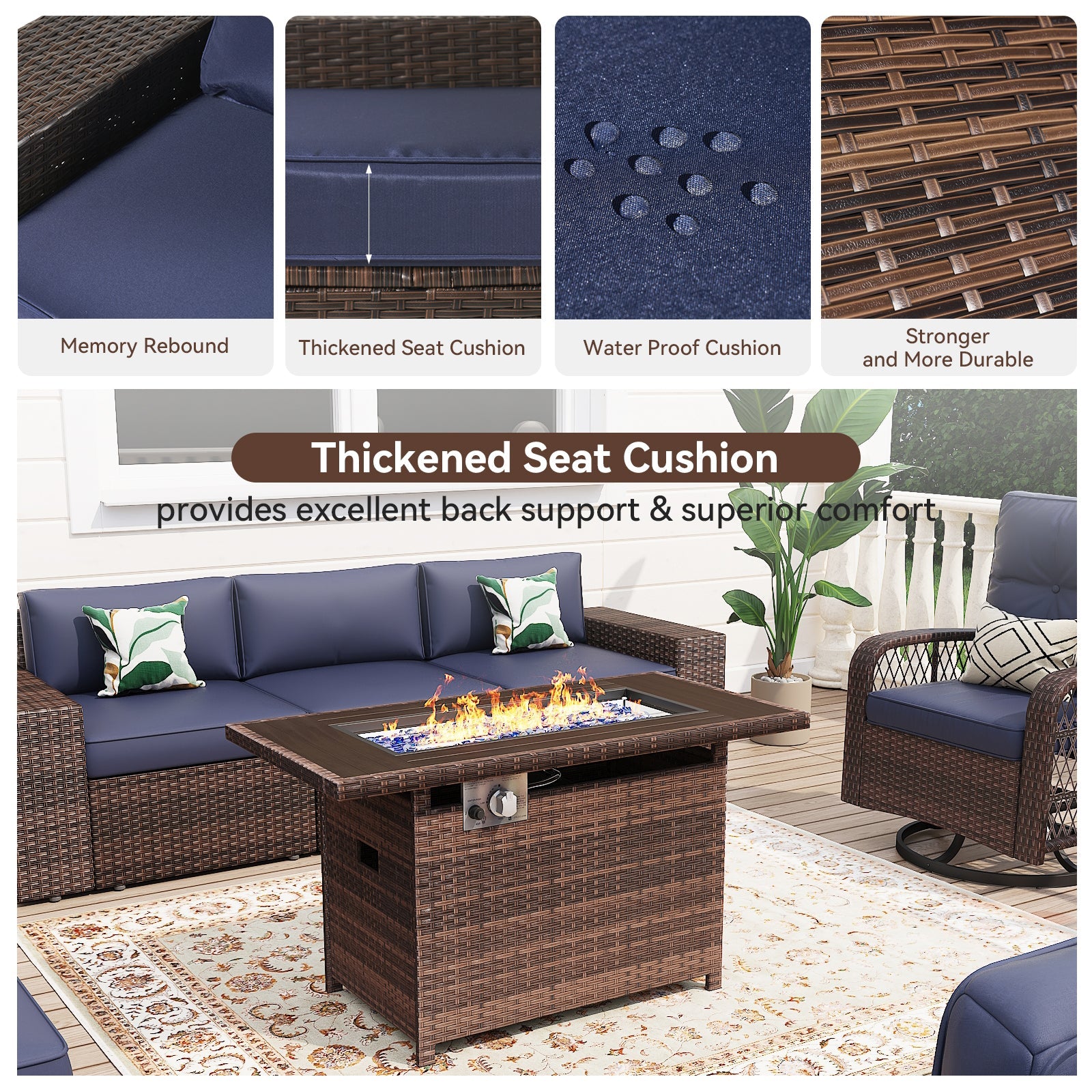 10Pcs Patio Furniture Swivel Rocker Chair Sets With Fire Pit Table All-Weather Wicker Outdoor Conversation Set Outside Rattan Sectional Sofa with Coffer Table ,Blue(with Waterproof Cover)