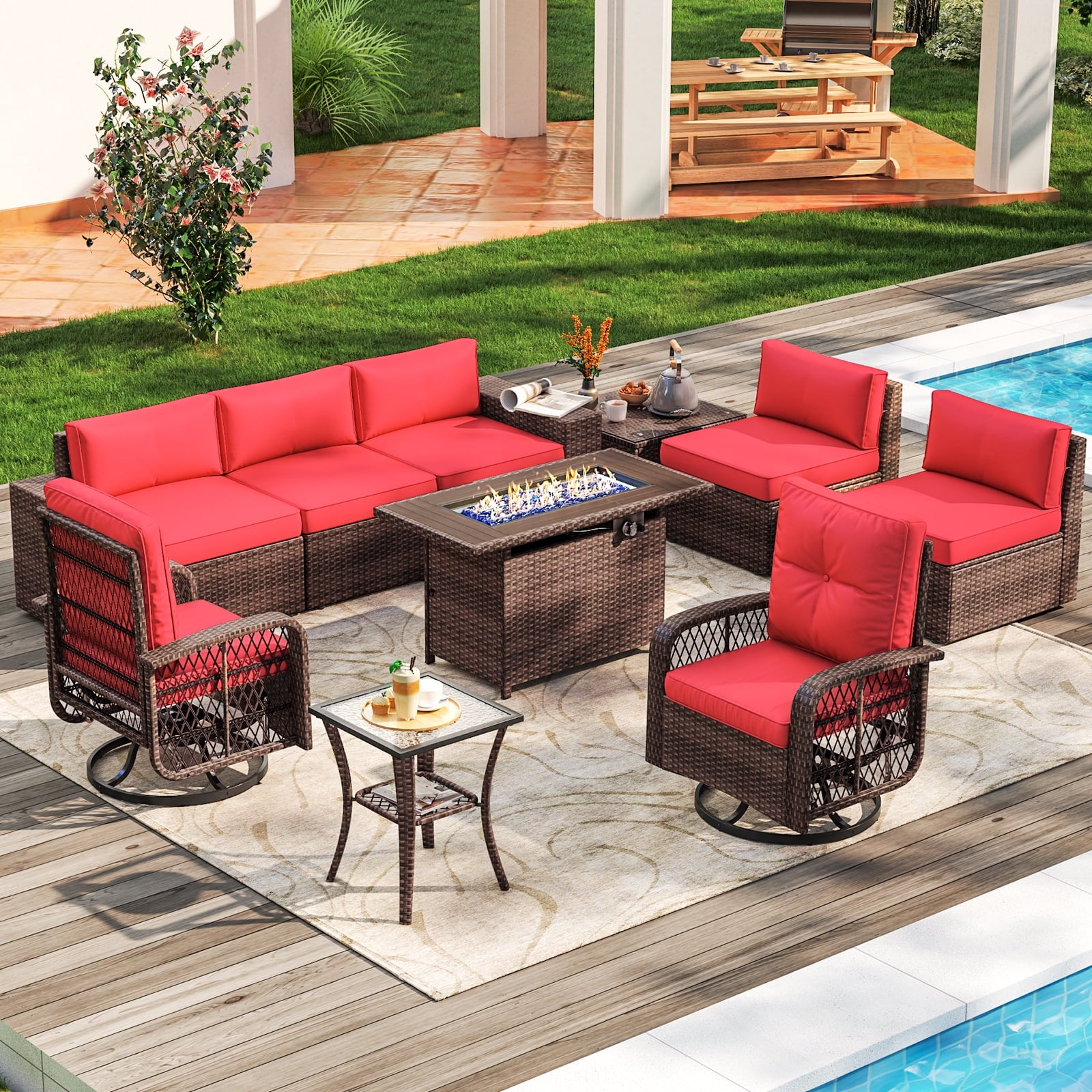10pcs Patio Conversation Set with Fire Pit Table（Include Waterproof Cover）, Outdoor PE Rattan Sectional Sofa Sets with Swivel Chairs for Backyard,Red